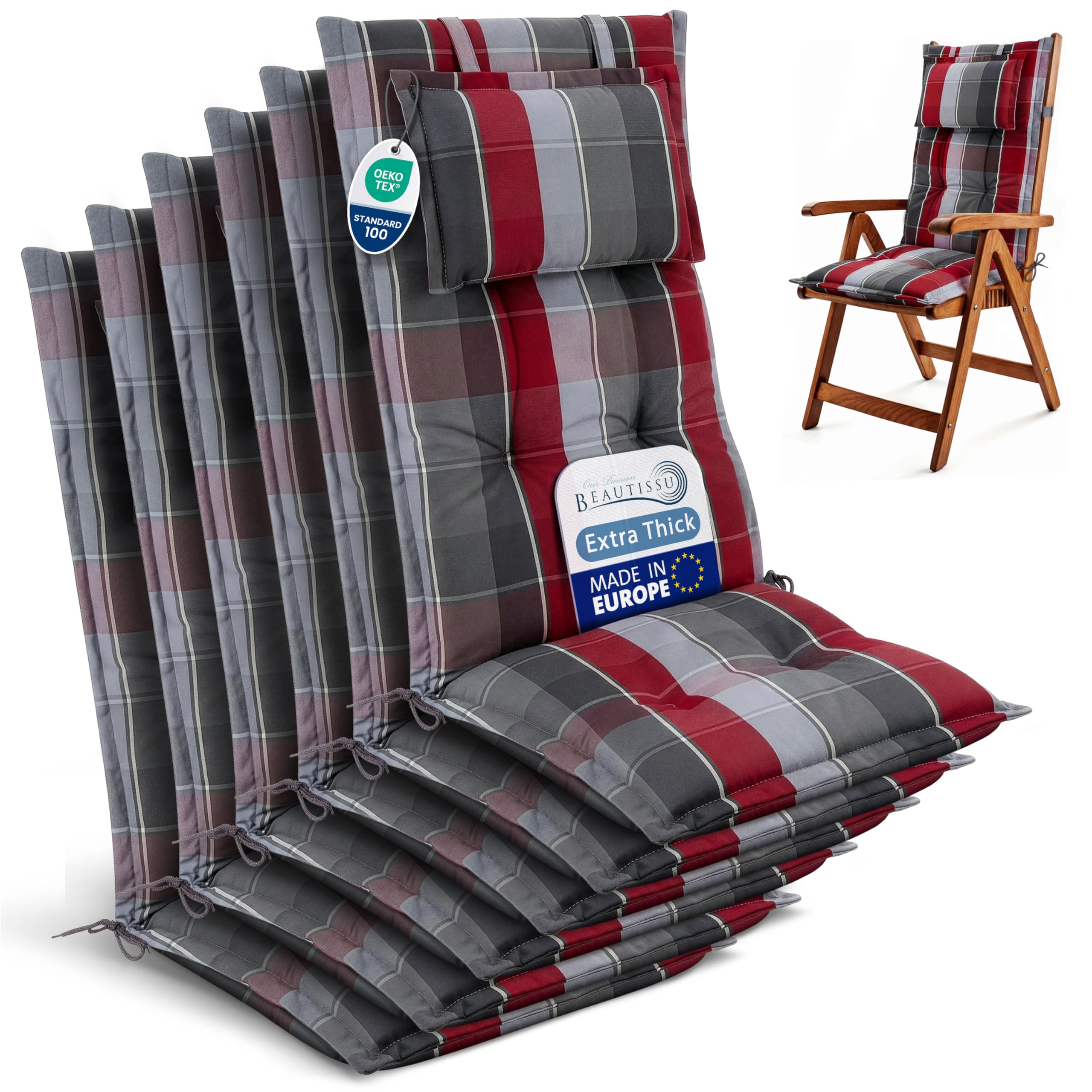 Beautissu 6 Premium High Back Garden Outdoor Chair Cushions 120x50 cm - 7 cm Thick Grey-Red-Light Blue Checkered Seat Cushions for Garden Chairs Rattan - Durable Fabric & UV-lightfastness - HighLux HL
