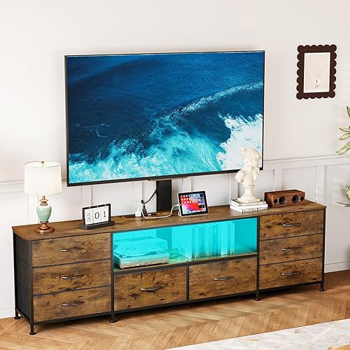 Miniatura 7 de Soporte de TV con soporte y toma de corriente, soporte de TV FarmhouseTV con 8 cajones de tela y luz LED, centro de entretenimiento industrial para