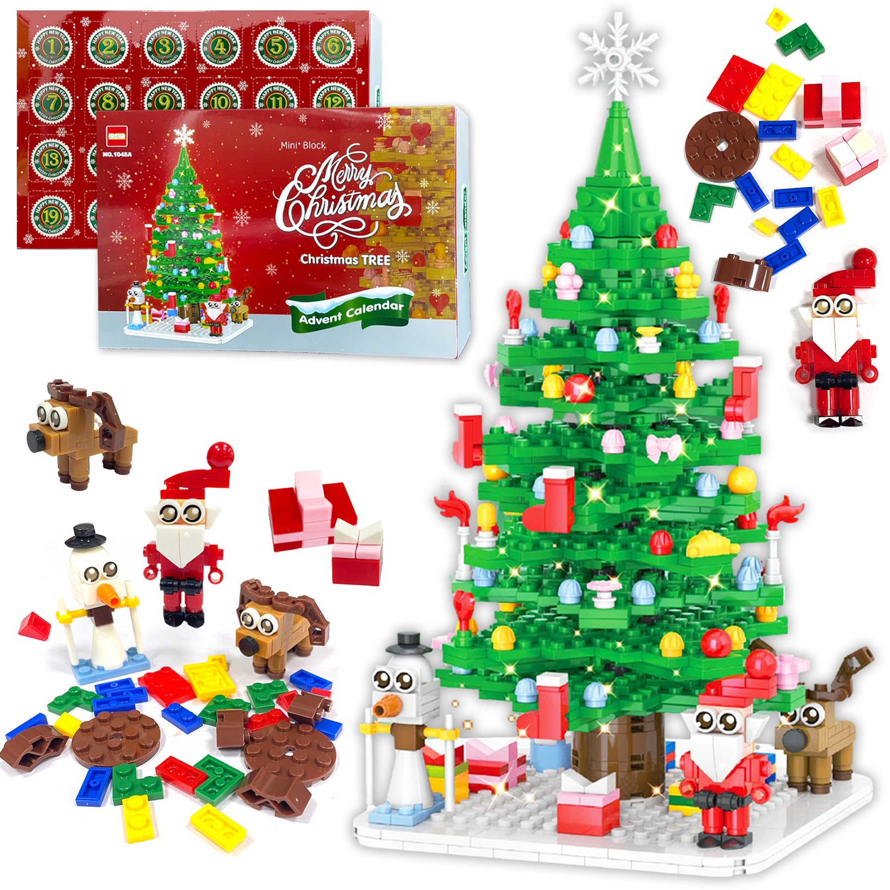 HOGOKIDS Calendario Dell'Avvento 2025 Teatro Di Natale Con Luci LED – 24 Mini Blocchi 3,6mm, 12 Personaggi, Regalo 10+ Anni