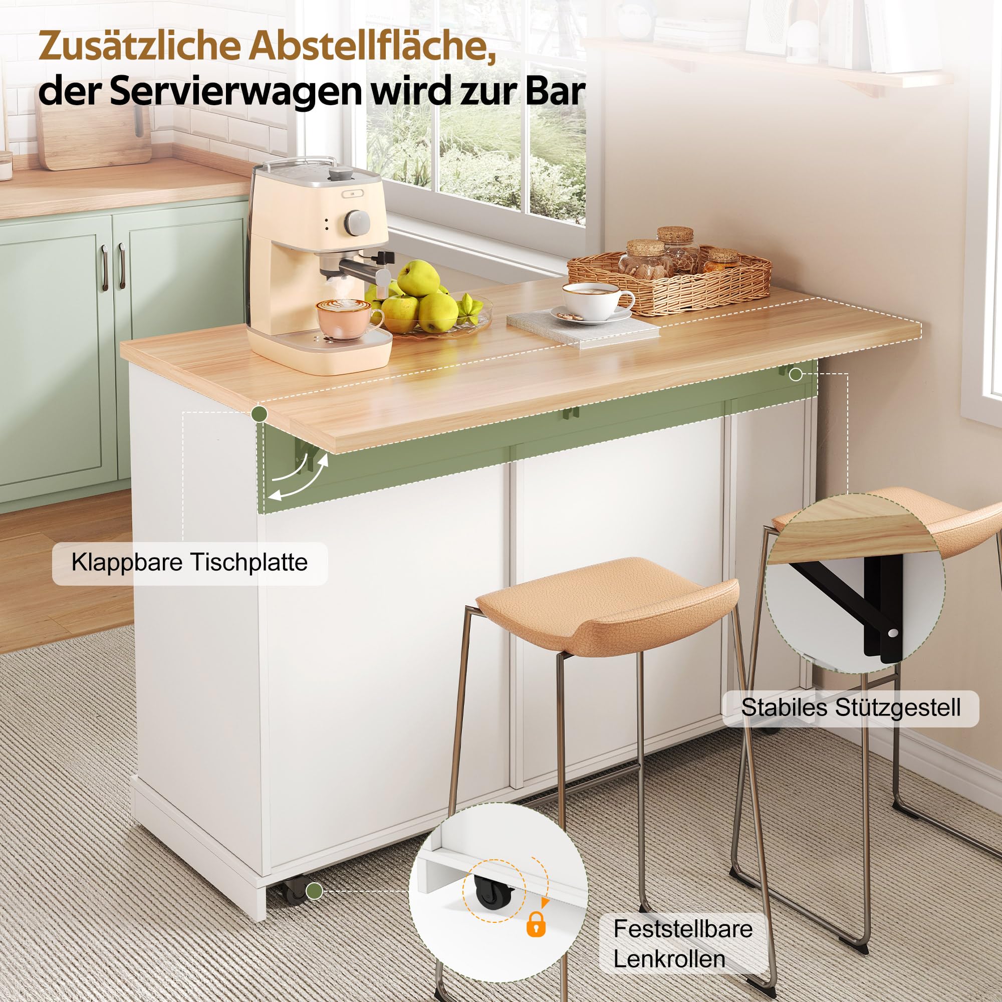Merax Kücheninsel Freistehend mit Mülleimer, Küchenwagen mit Rollen, Küchenschrank mit Klappbarer Arbeitsplatte, 4 Gewürzregal, 2 Schubladen, Mülleimer Schrank für Küche, 120x70x93,5cm, Weiß