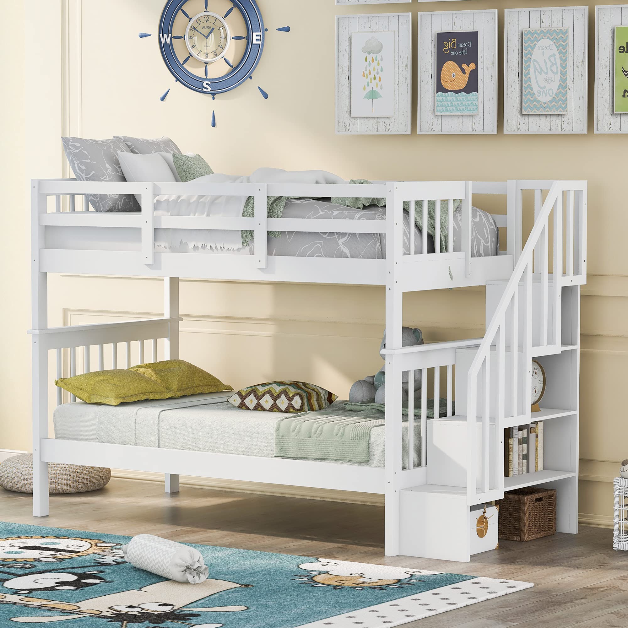 Harper & Bright Designs Twin Bunk Beds, Twin over Twin Bunk Bed with Stairs and Storage, Low Bunk Beds Twin over Twin for Kids Girls Boys, White