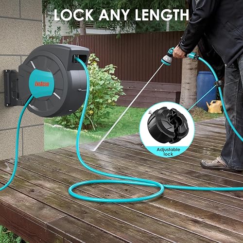 ENEACRO 35+2M Retractable Garden Hose Reel with Wall Mount, 10 Pattern Hose Nozzle, Brass Connector, Auto Rewind/Any Length Lock/ 180° Swivel Bracket, Ideal for Garden Watering - 3