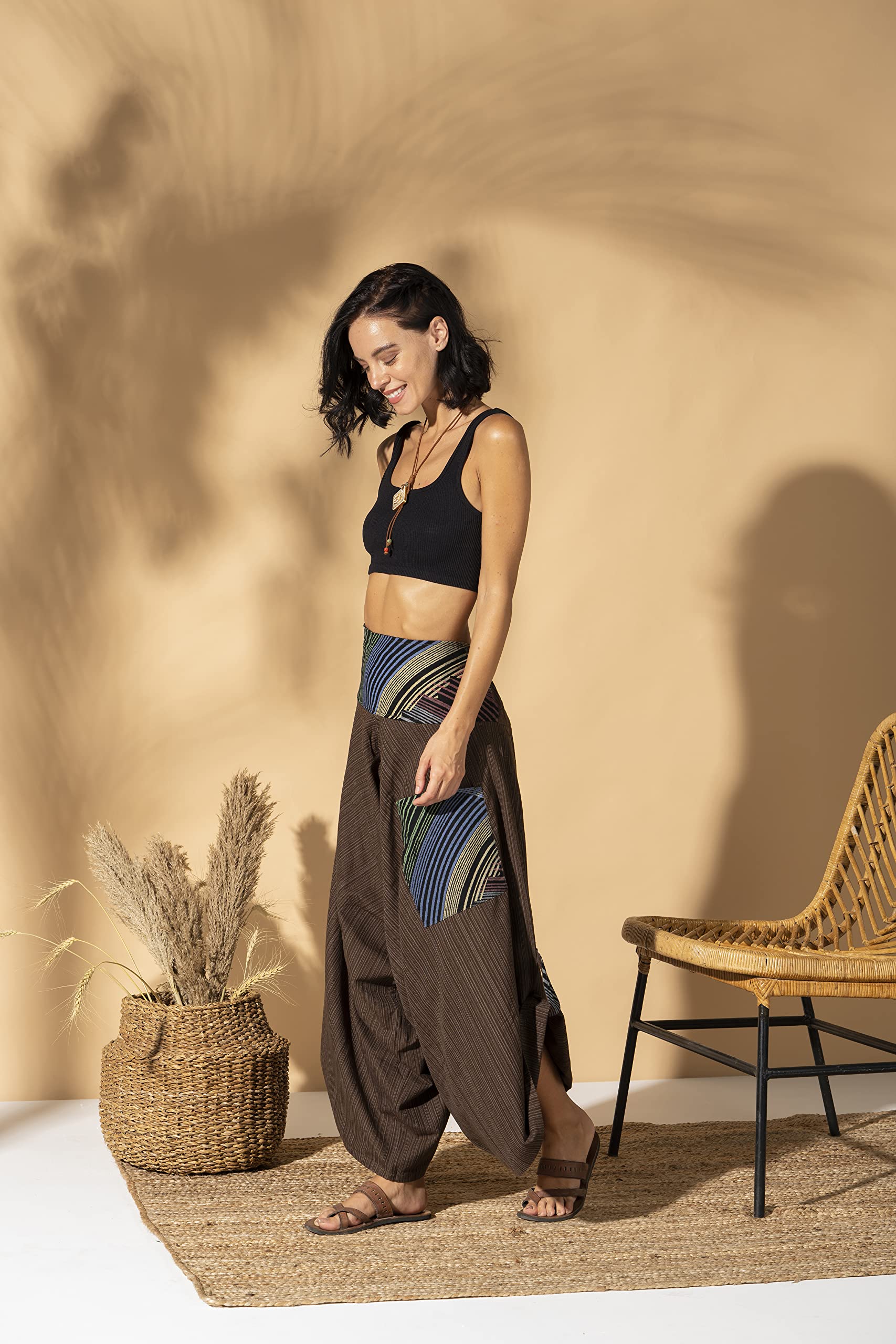 The Veshti Company Pantalones Harem de Yoga para Mujer Palazzo Premium, Marrón, Talla Única