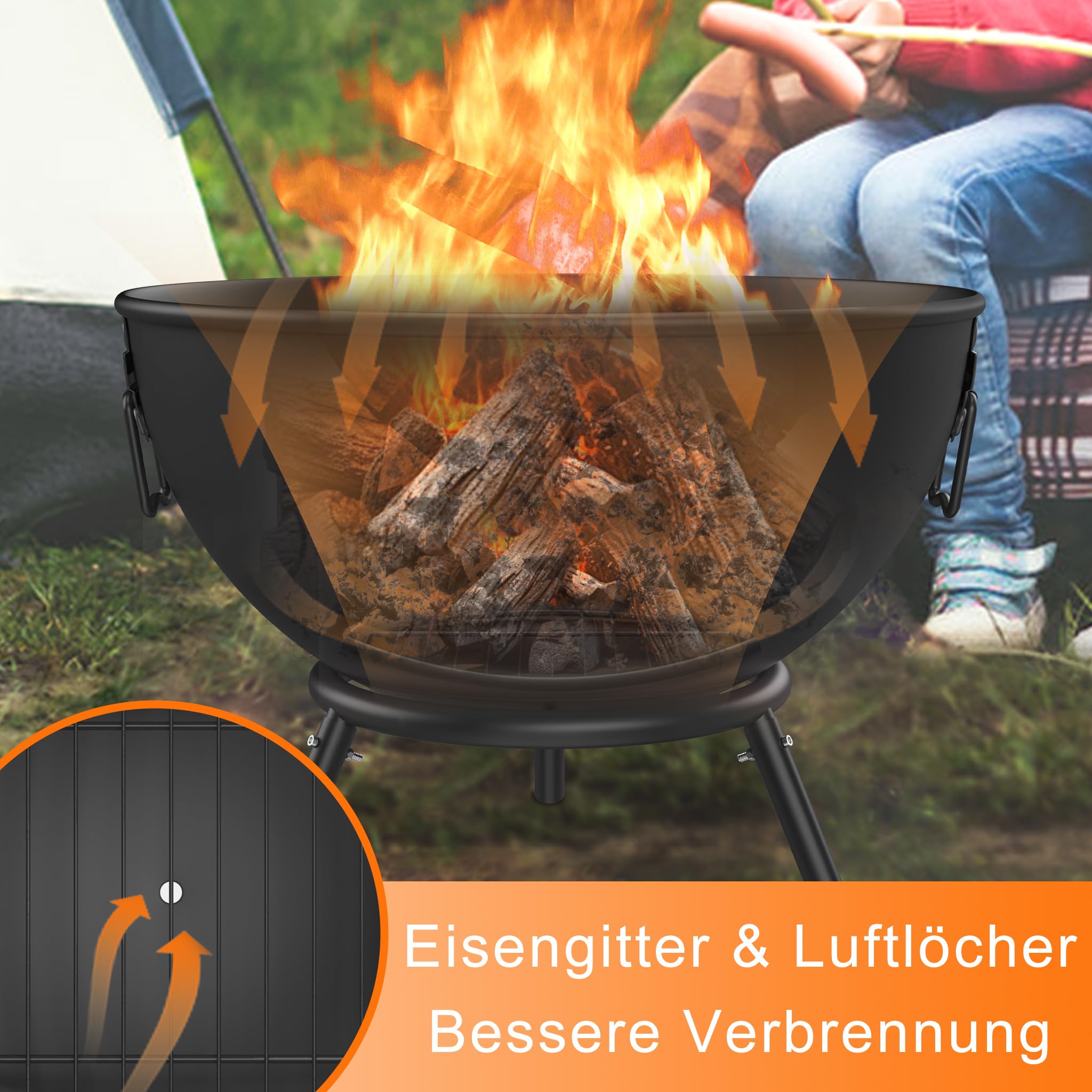 Feuerschale 62 cm Feuerschalen für den Garten, Terrasse & Balkon Feuerkorb Camping aus Stahl Feuerstelle Outdoor mit Dreibein Gestell Feuertonne Flexibel Einstellbarer für Lagerfeuer Schwarz