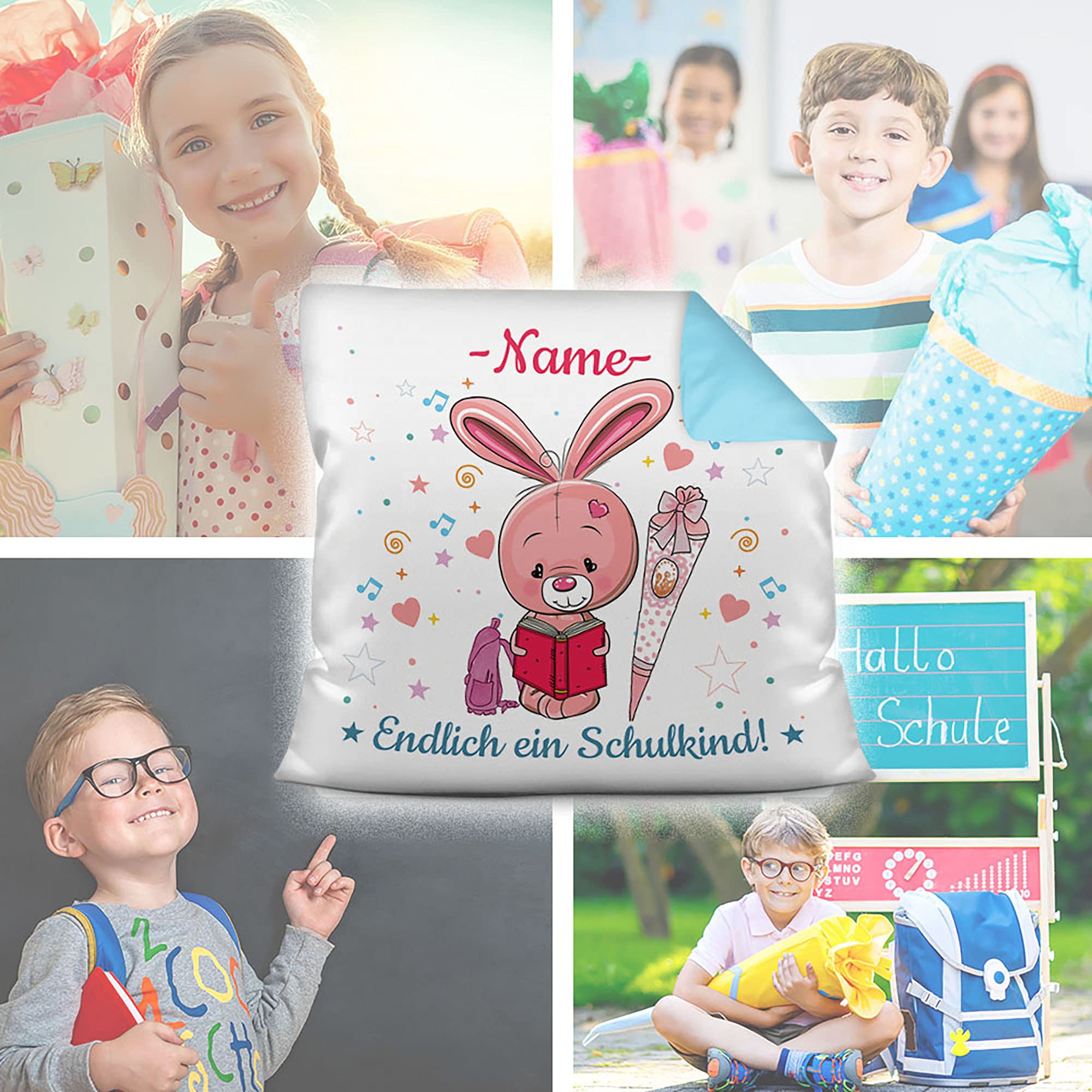 Geschenk-Set aus Trinkflasche und Kissen - Endlich ein Schulkind - Zur Einschulung für Mädchen - mit Wunschname personalisieren - Einschulungsgeschenk - Kissen Rückseite Hellblau - Flasche weiß, 600ml