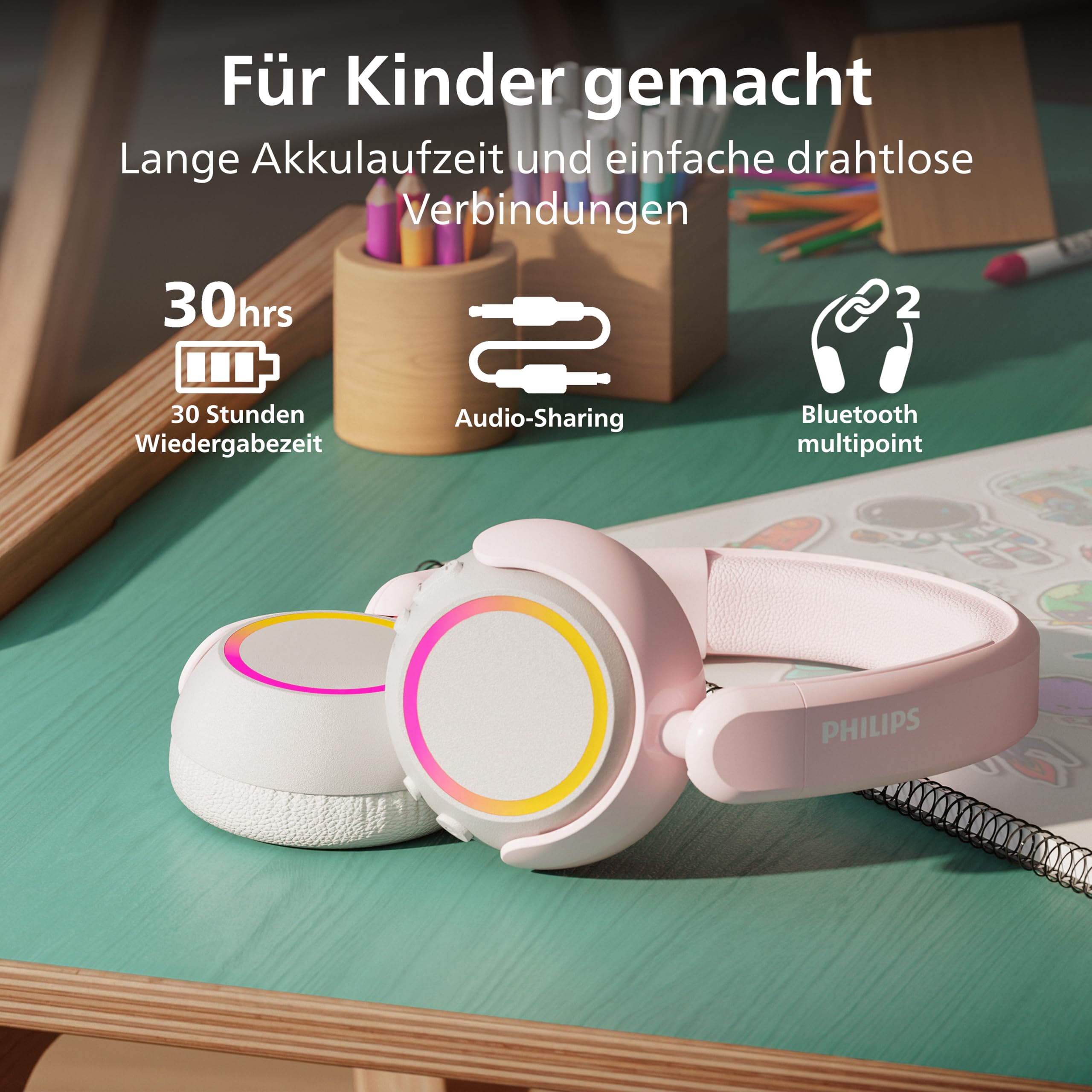 PHILIPS TAK4200PK 4200 Serie Kabellose Faltbare On-Ear-Kinderkopfhörer | Lautstärkebegrenzung, Audio-Sharing, USB‑C-Kabel enthalten – Pink