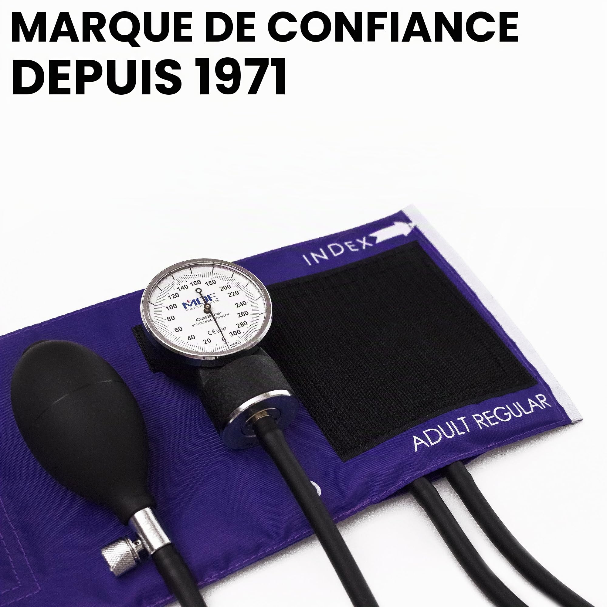 MDF Instruments, tensiomètre anéroïde professionnel haut de gamme Calibra, tensiomètre avec brassard pour adulte et étui de transport, cadran blanc, brassard violet, MDF808M08
