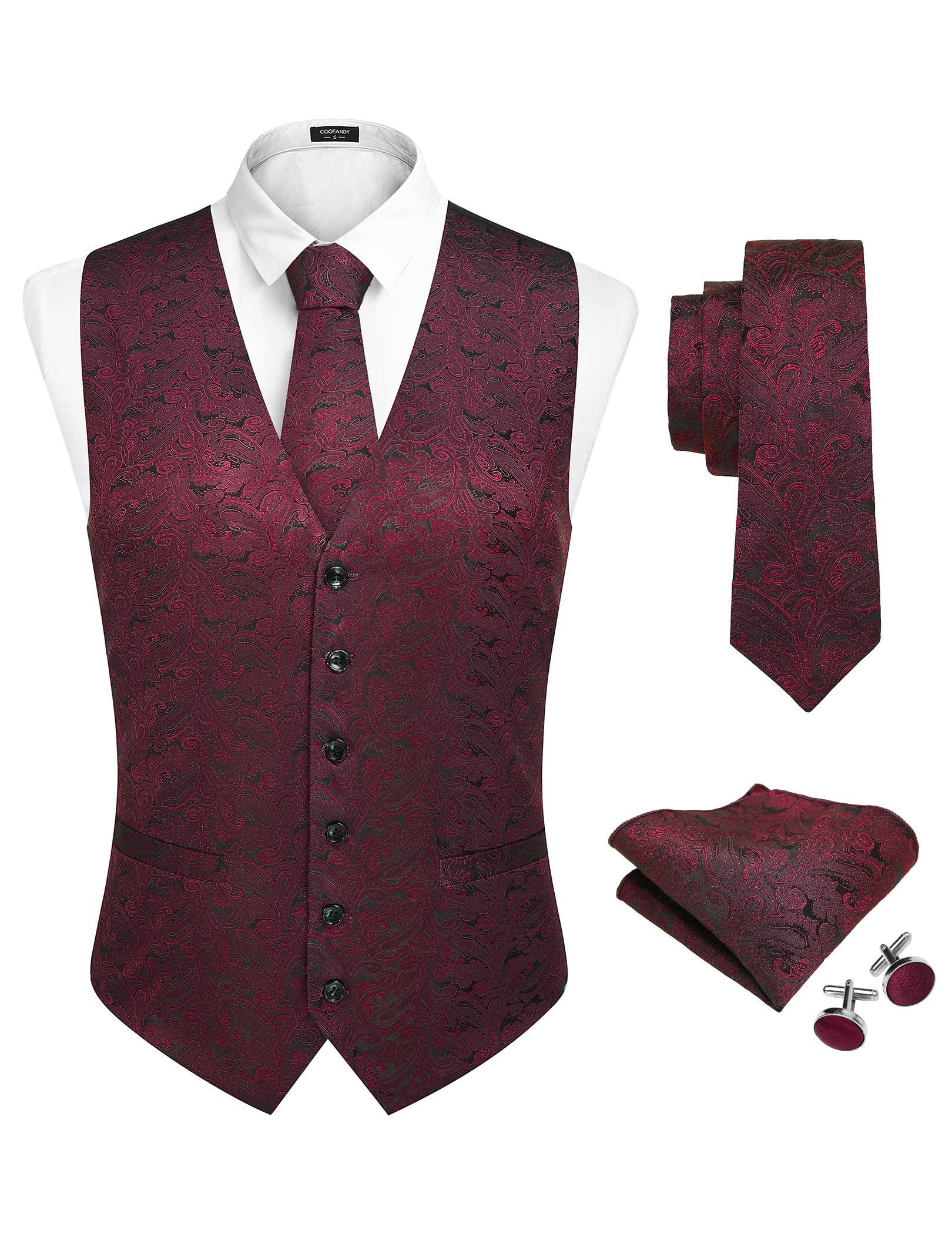 Men's Paisley Vest Tie Set Formal 4PC Suit Vest Floral Waistcoat Necktie Pockets Party Prom Wedding