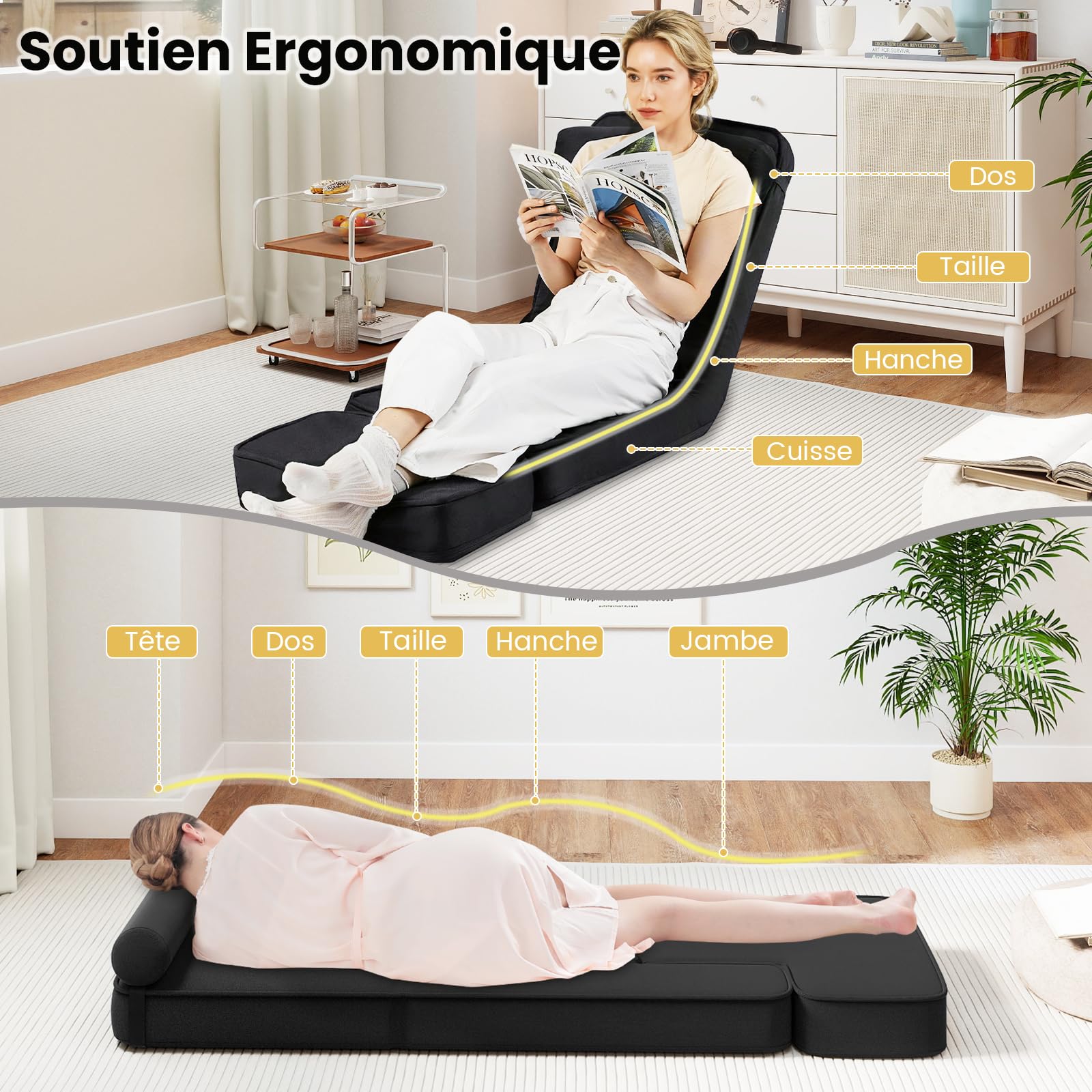 GOPLUS 3 en 1 Chaise au Sol Pliable, Fauteuil de Sol 1 Place avec Dossier Réglable 5 Positions, Repose-Pieds Table d'Appoint, Coussin Amovible, Canapé Portable Salon et Chambre, Charge 120KG