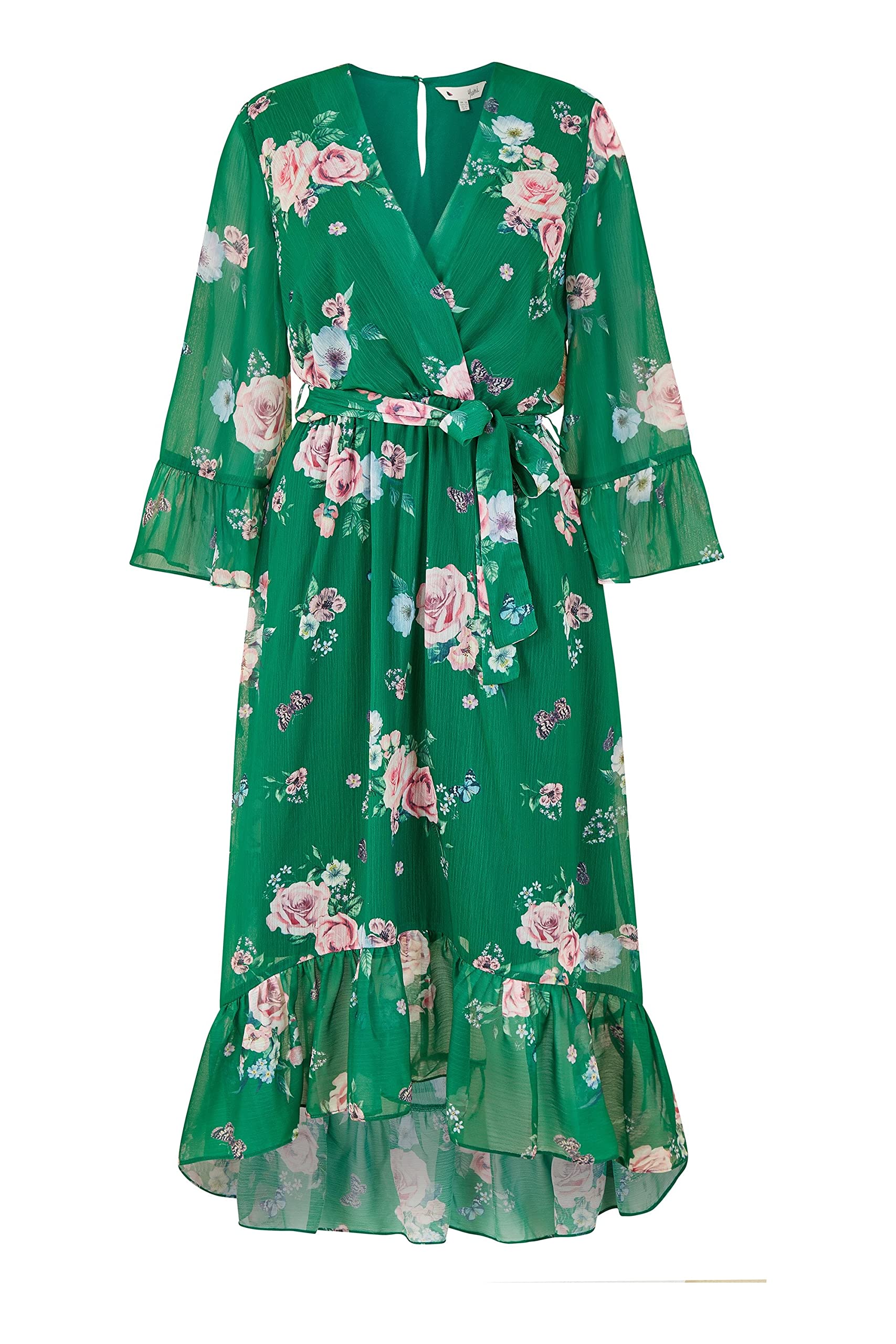 Yumi Green Floral Wrap Dress with Dipped Hem 8 Green