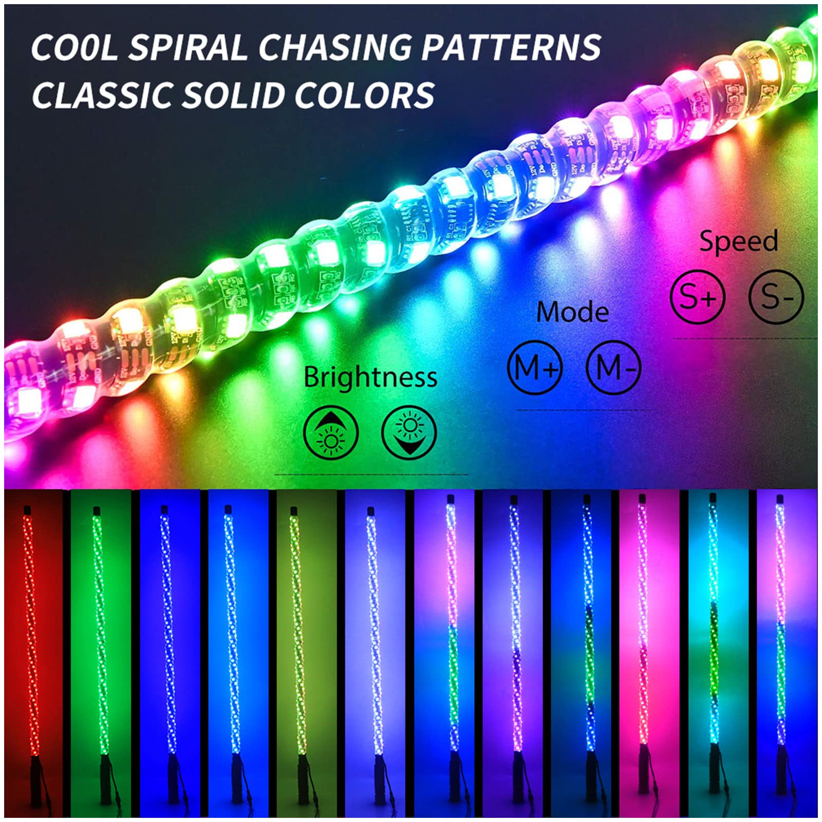 2 luces de látigo LED RGB en espiral de 3 pies con control remoto, luz de persecución/baile, látigos de antena iluminados de advertencia todoterreno, 366 modos para Can-am ATV UTV RZR Polaris Dune Bug