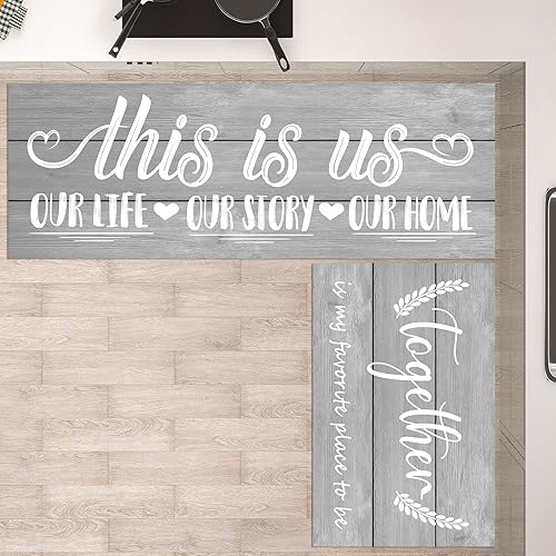 Miniatura 2 de Farmhouse - Juego de 2 tapetes de cocina antideslizantes y gruesos, de grano de madera, impermeables, antifatiga, para el suelo de la cocina,