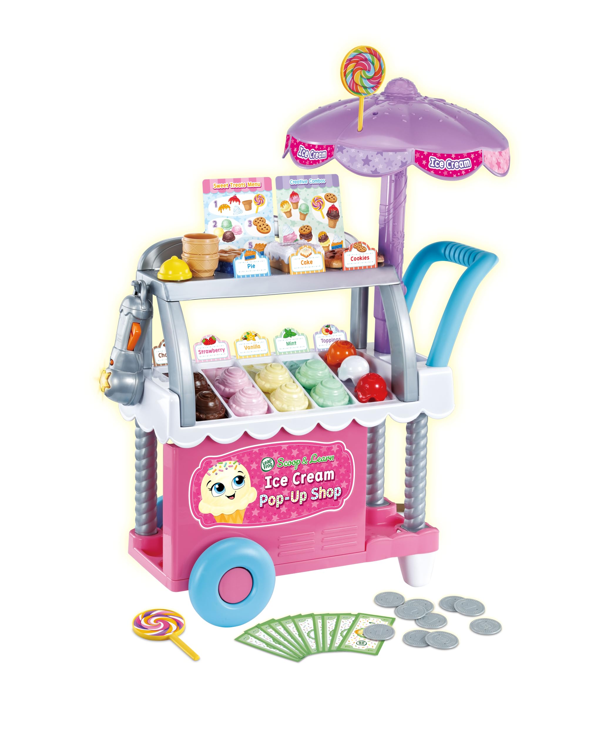 LeapFrog Scoop & Learn Ice Cream Pop-Up Shop, Interactive Role Play Ice Cream Shop Playset, Includes 53 Play Pieces & 4 Light Up Games, Gift for Kids Aged 3, 4, 5+ Years, Pink, English Version