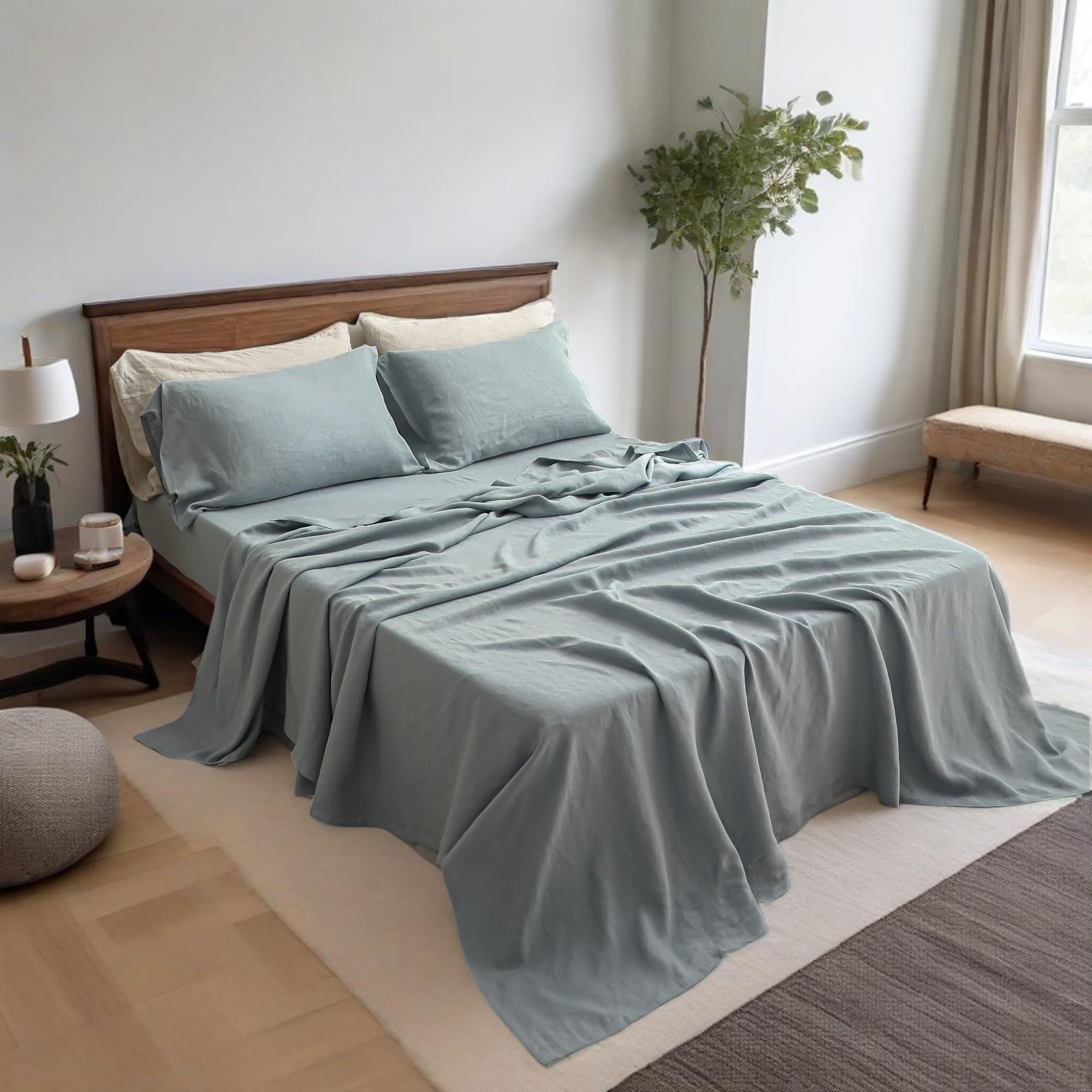 Simple&Opulence Set di lenzuola in 100% lino, in tinta unita, 4 pezzi di lenzuola in lino francese lavato (1 lenzuolo piano, 1 lenzuolo con angoli, 2 federe), set di biancheria da letto traspirante