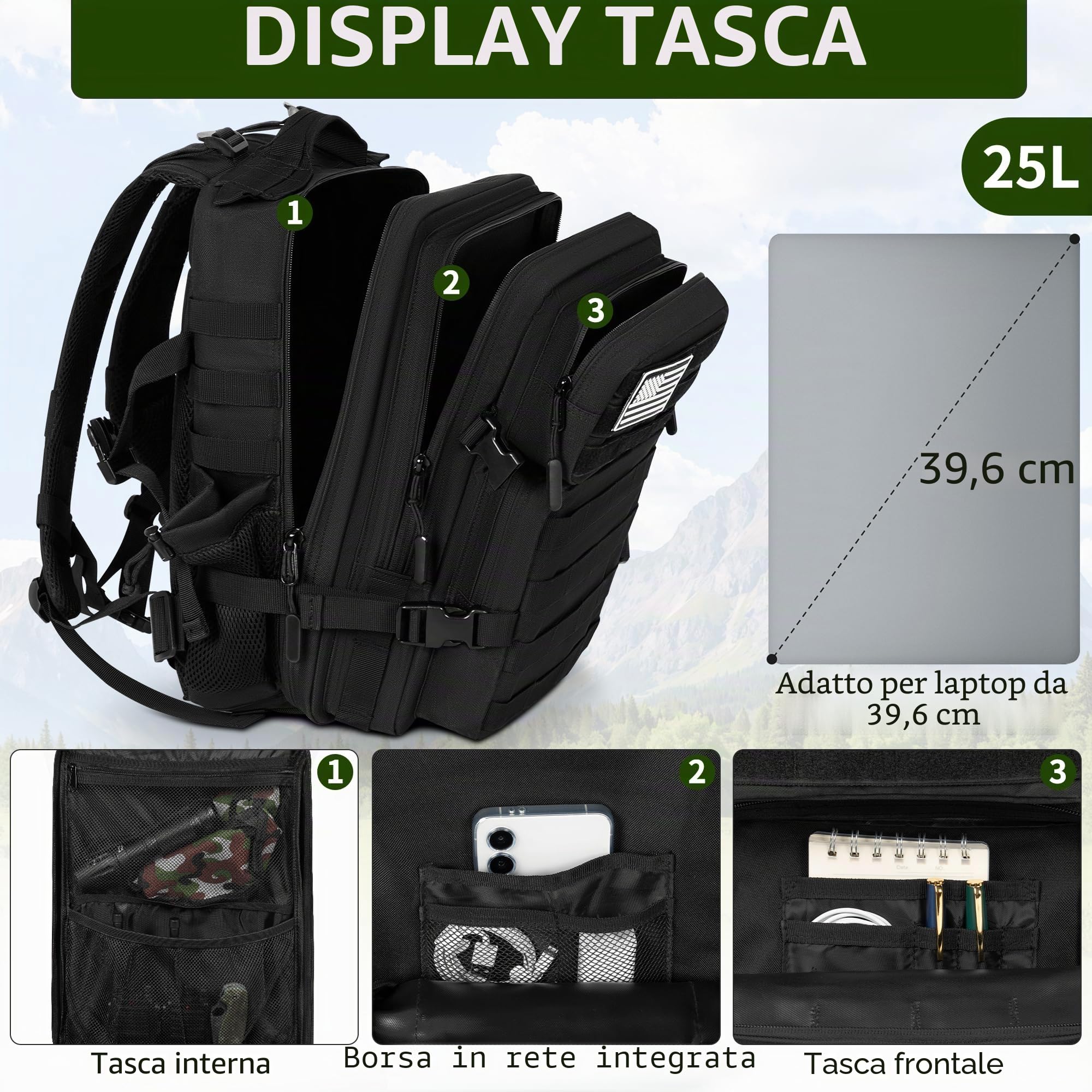 OUUTMEE Zaino tattico militare (25L/35L/45L), zaino MOLLE per uomini e donne, esercito Assult Camouflage caccia Daypack 3 giorni Bug Out Bag Borsa per computer portatile per escursioni, viaggi