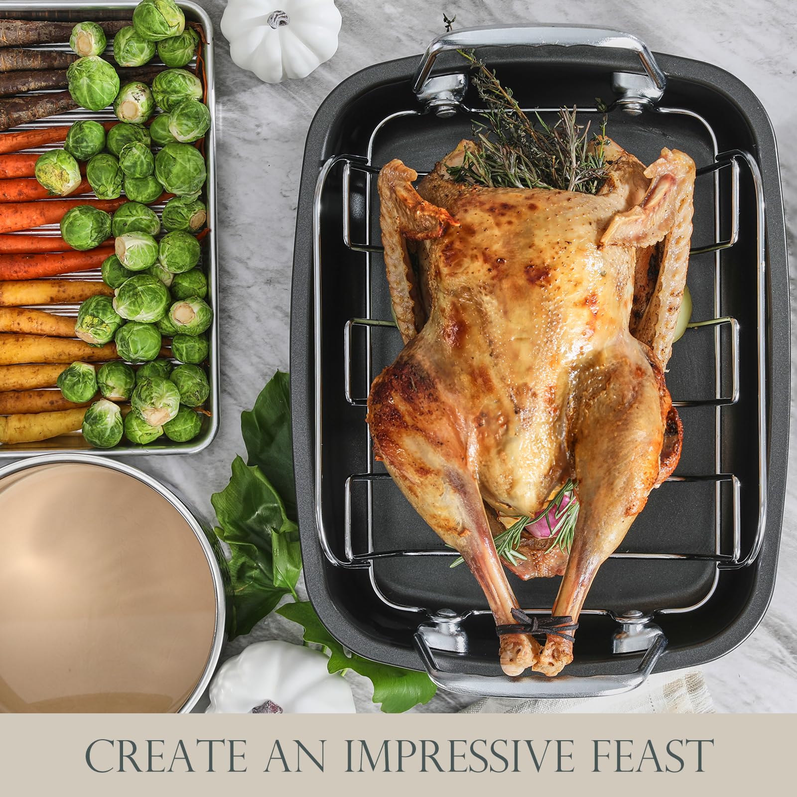 Sartén antiadherente para asar pavos con estante de 17 x 14 pulgadas, sartén grande para asar pollo para horno, asas más anchas y construcción resistente, adecuada para pavos de 24 libras, color gris 4