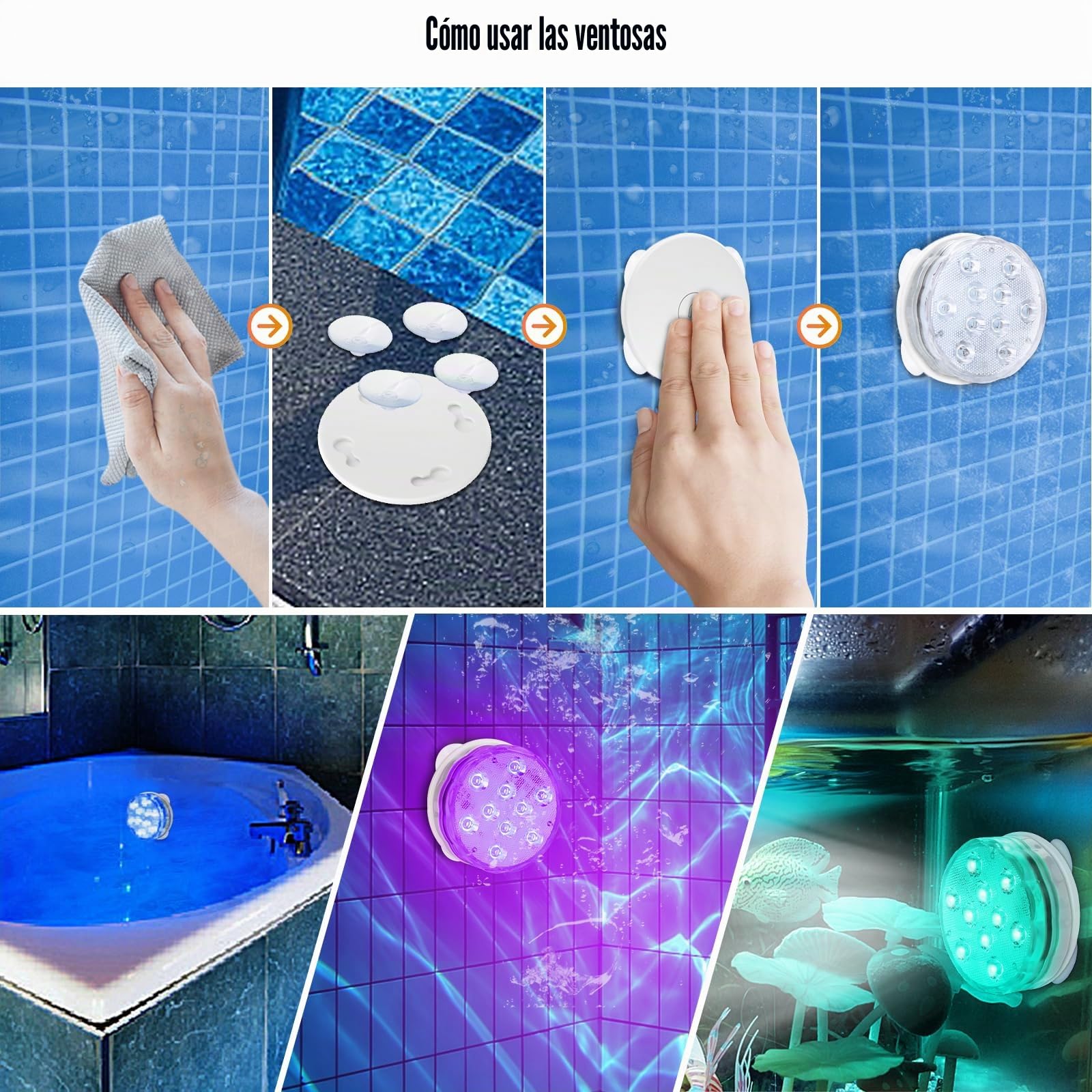 Idealife Iluminación de piscina recargable con batería incorporada, luz subacuática con mando a distancia, imán RF, ventosas, luces LED impermeables para fiestas de jacuzzi, Navidad, calabaza