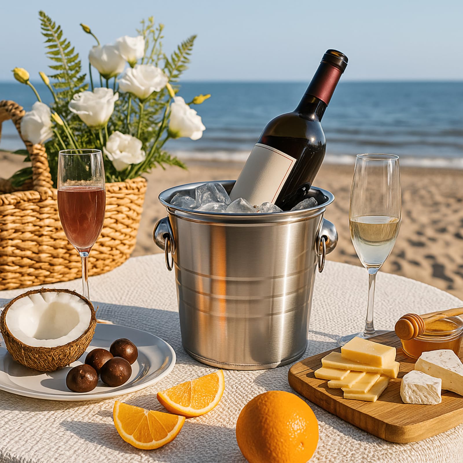 ZENFUN Lot de 2 seaux à Glace de 3 l avec poignées, Seau à Glace avec Couvercle, Seau à Boisson en métal galvanisé avec poignées, Refroidisseur de Boissons et de vin pour Bar, fête, Barbecue, idéal