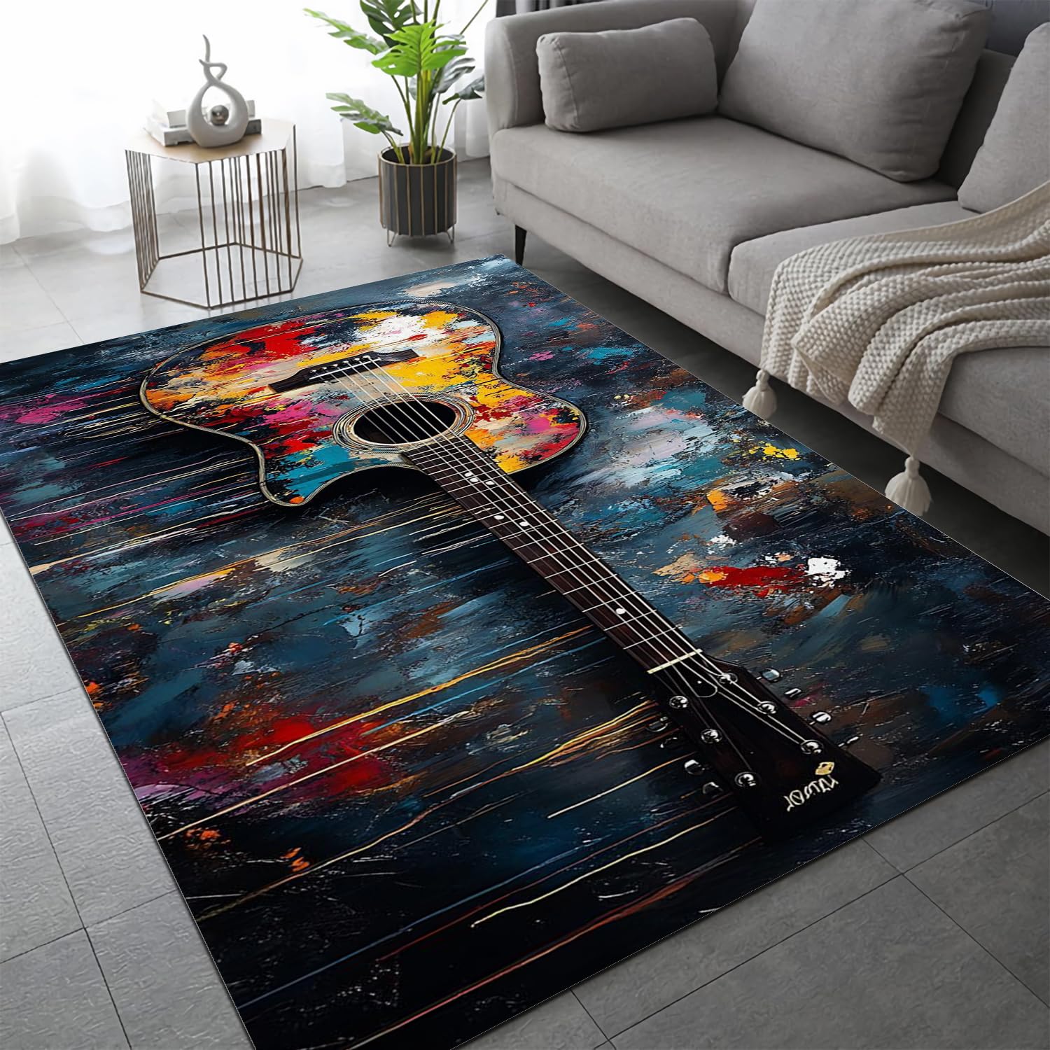 Tapis guitare rétro 60x90cm graffiti pour déco chambre ado