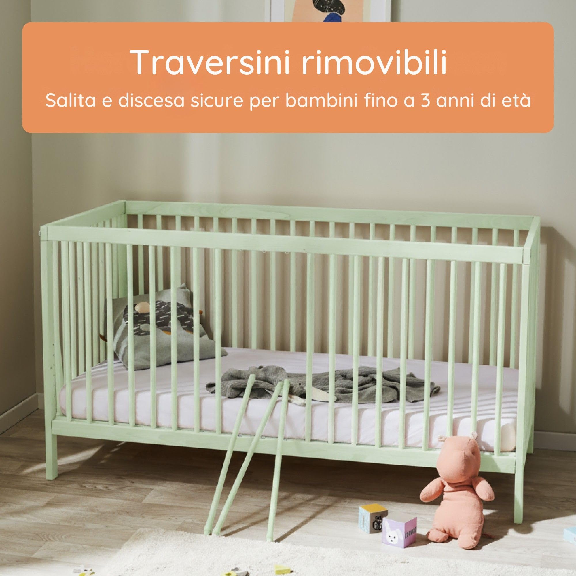 Kids Collective Letto per Bambini in legno di faggio 60x120 cm e 70x140 cm | Rete regolabile in altezza, sbarre removibili | Dalla nascita fino a 3 anni | Prodotto in UE | verde