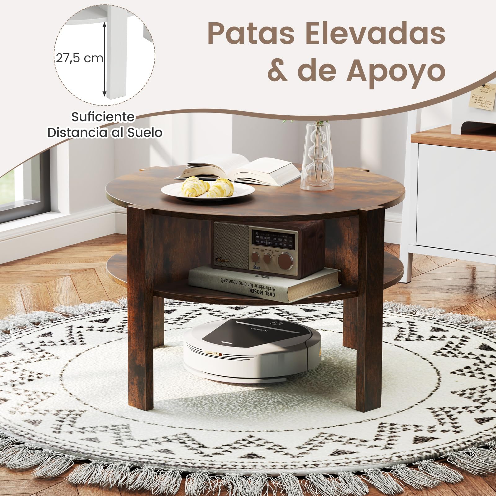 COSTWAY Mesa de Centro Redonda, Mesita Auxiliar Redonda de 2 Niveles, Encimera Amplia, 4 Compartimientos Inferiores y Patas Elevadas, Mesa de Café para Salon Dormitorio, 74,5x74,5x45,5 cm (Café)