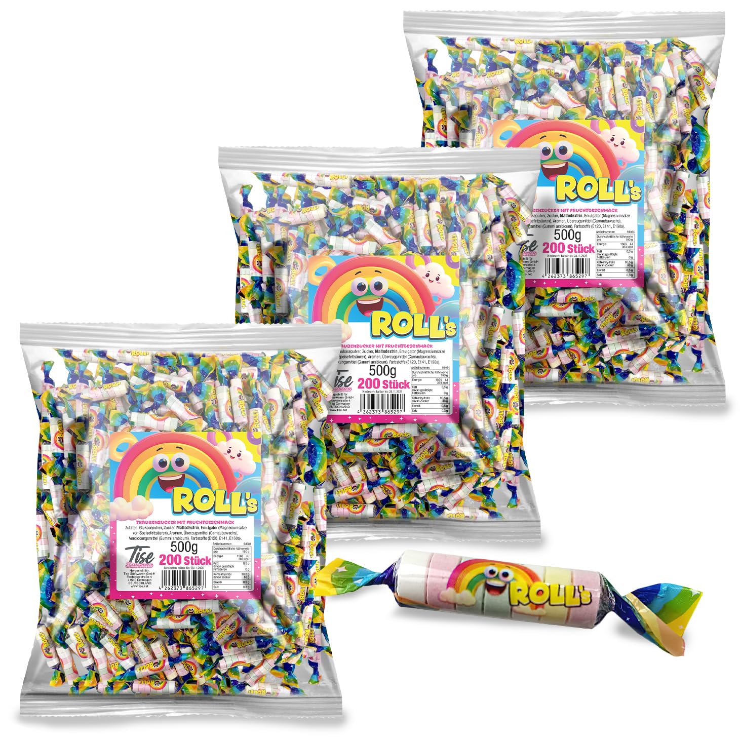 Tise Süsswaren Roll's Traubenzucker Röllchen, Wurfmaterial für Karneval und Fasching (1500g 600Stück)