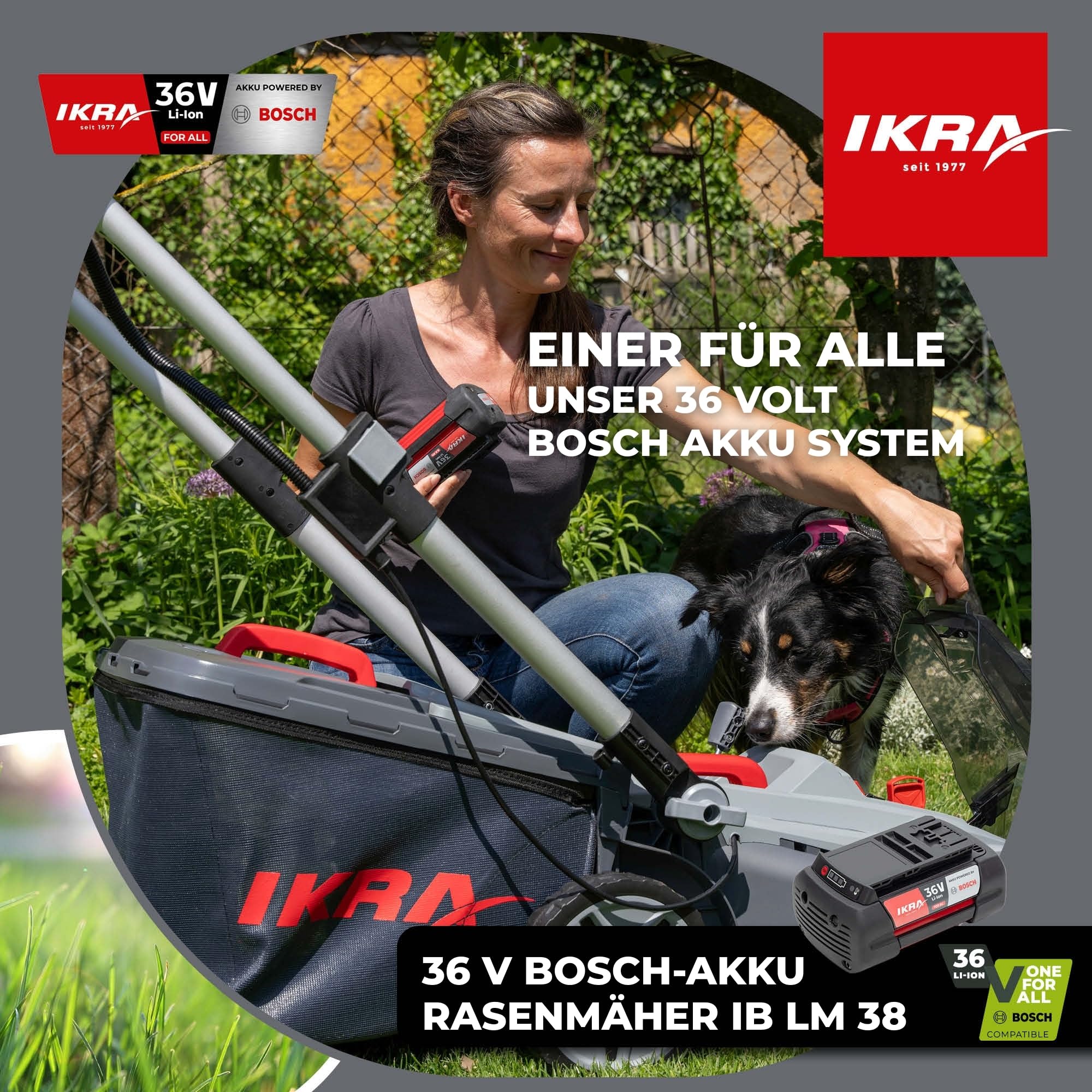 IKRA Rasenmäher IB-LM 38, 3in1, Breite 38cm, ohne 36V Akku & Ladegerät | Kompatibel mit Bosch, Rasenflächen bis 400m², Schnitthöhe 30-75mm, Fangkorb 42l, Batterieladeanzeige am Griff, inkl. Mulchkit
