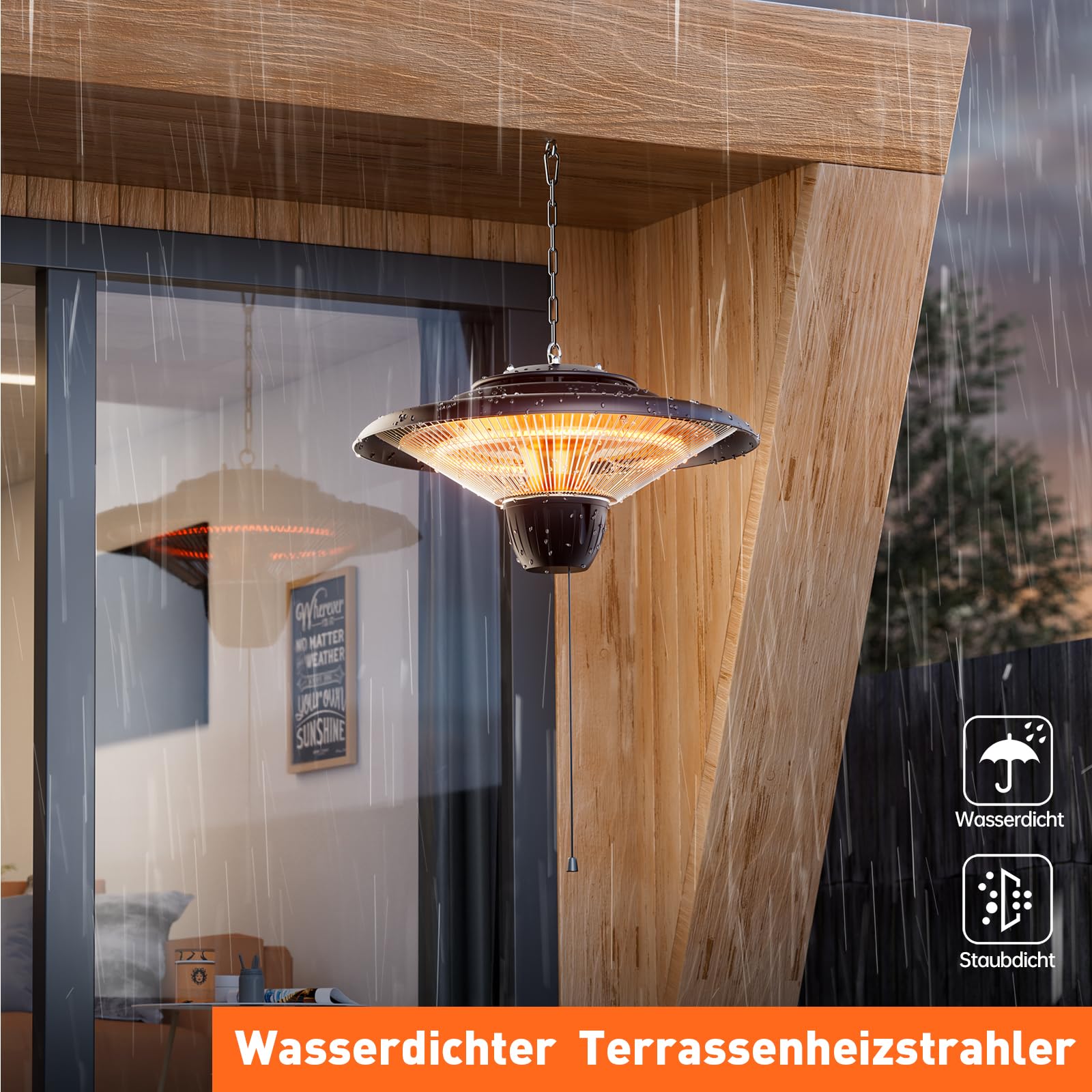Elektrischer Infrarot Heizstrahler 1500W, Deckenheizung, Hängend für Terrasse & Balkon, Wasserdicht Elektrisch Terrassenstrahler für Innen & Außen, Schwarz