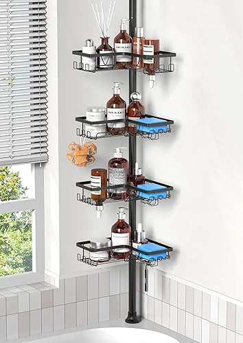 Miniatura 12 de Organizador de ducha con poste de tensión de 5x estabilidad, organizador de ducha ajustable de piso a techo, estantes de barra de tensión de ducha