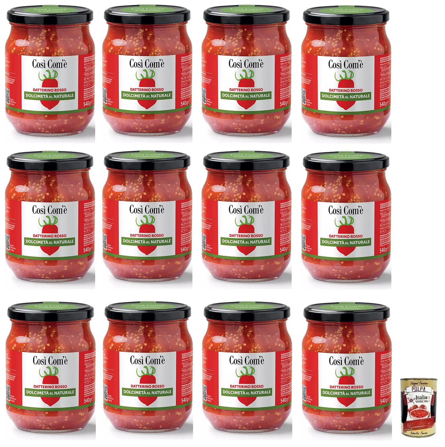 Così Com'è Datterino Rosso Dolcimetà al Naturale,Tomate rojo natural Datterino cortado a la mitad,Tomates italianos,540g Glass + Italian Gourmet Polpa di Pomodoro 400 g lata