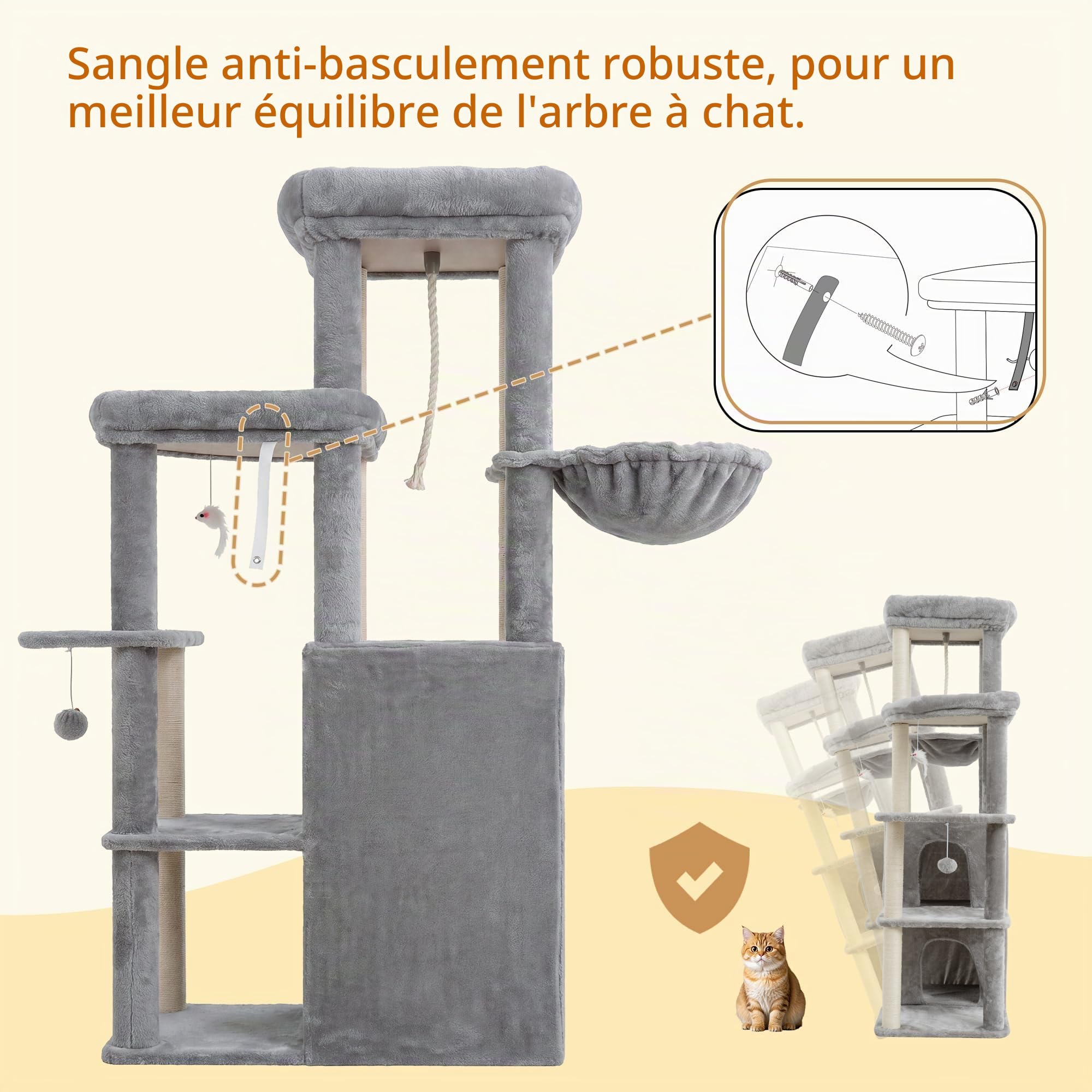 Heybly Arbre à Chat pour Grands Chats 151cm 2 Niches et Perchoirs HCT055W | Base Élargie 76 x 43 cm, Hamac Suspendu, 6 Poteaux en Sisal, Sangle Anti-Basculement, Pour l’Intérieur, Gris Clair