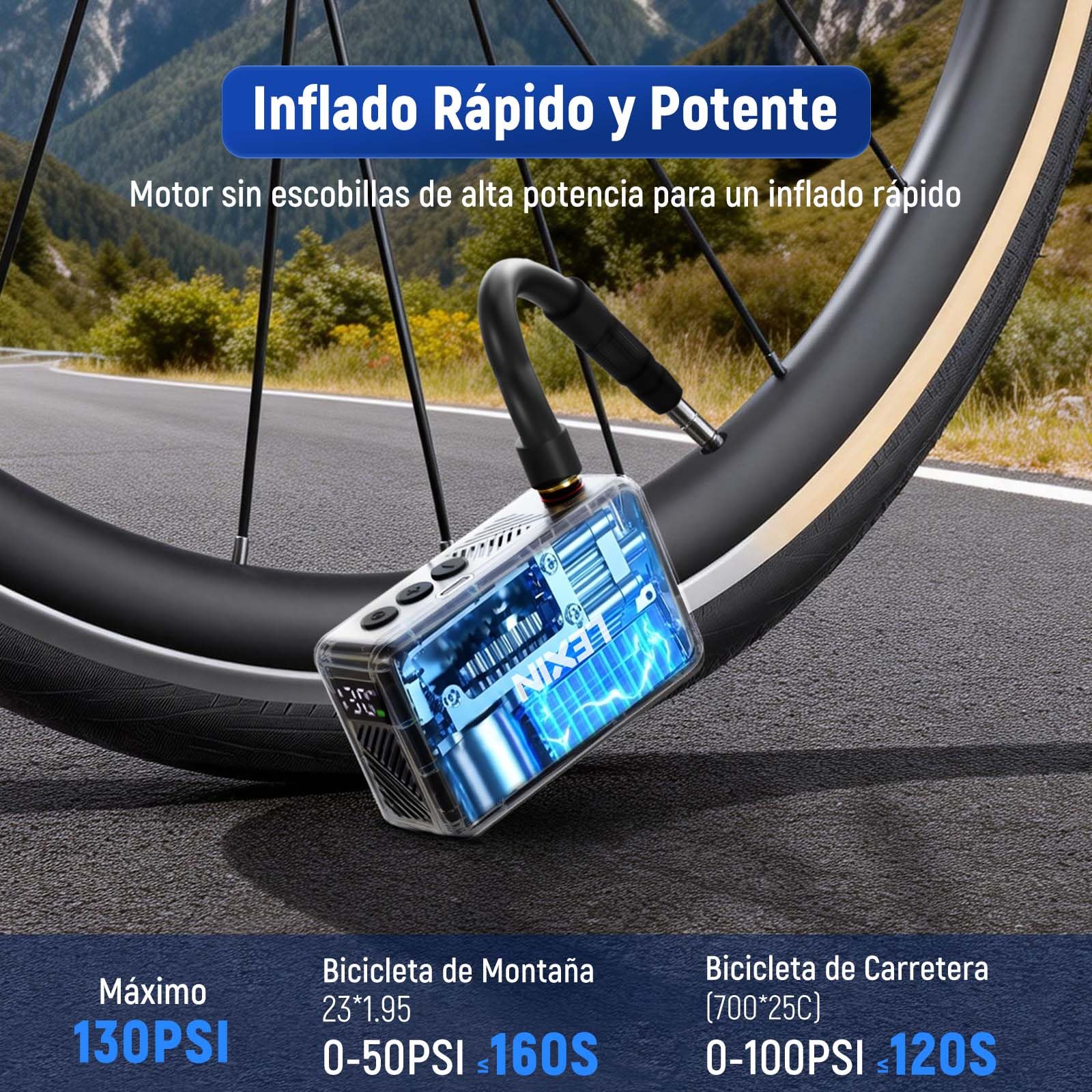 LEXIN P2 Mini Bomba para Bicicleta, 130 PSI, Ultra-Ligero, Pantalla LCD | Compresor Portátil para Bicicleta con Batería 700mAh, Válvulas Presta y Schrader, para Bicicleta/Moto/Bola/Scooter