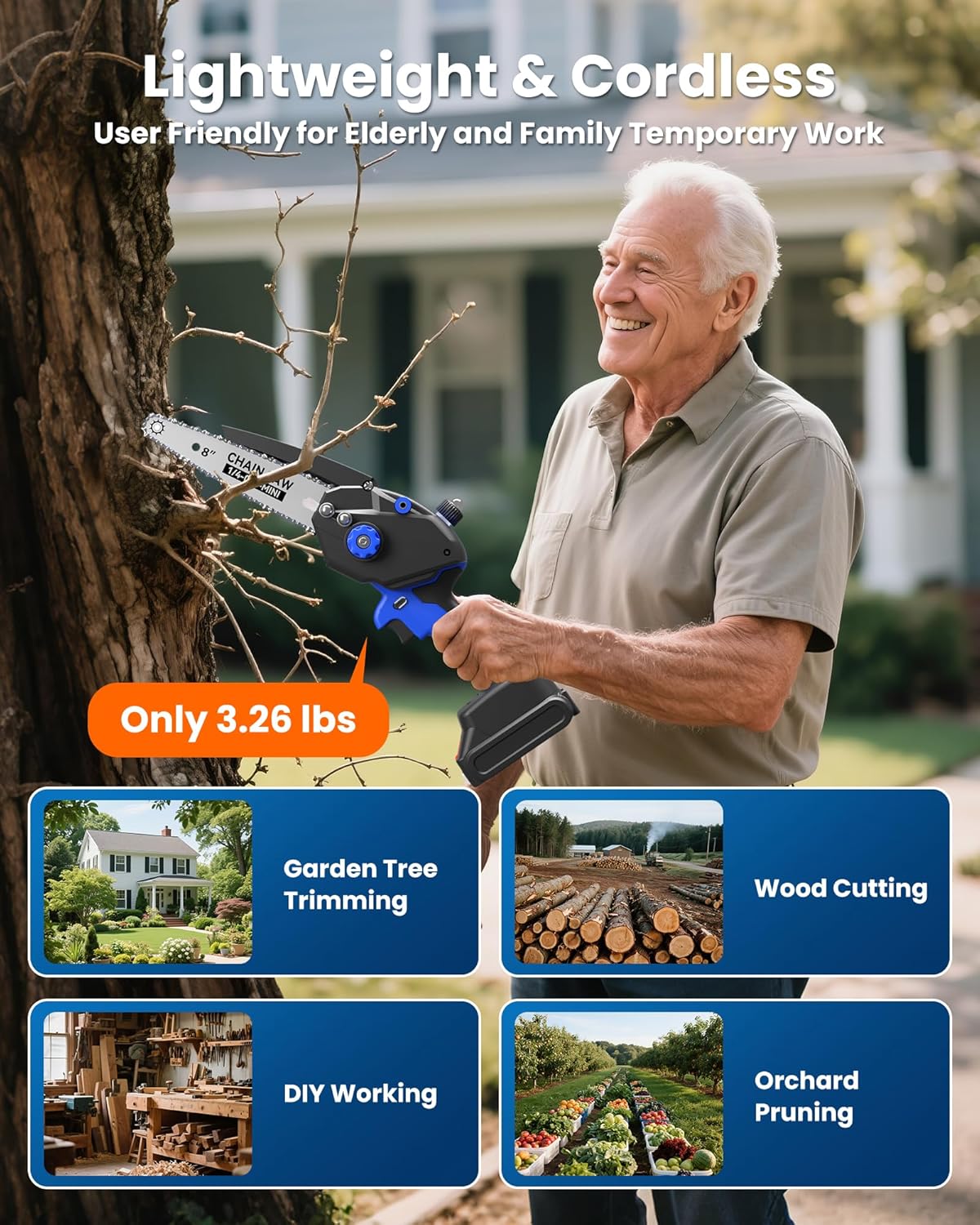 8 Inch & 6 Inch Brushless Mini Chainsaw Electric Cordless+20'' Cordless Hedge Trimmer with 3000RPM 180" Rotatable Head Blue