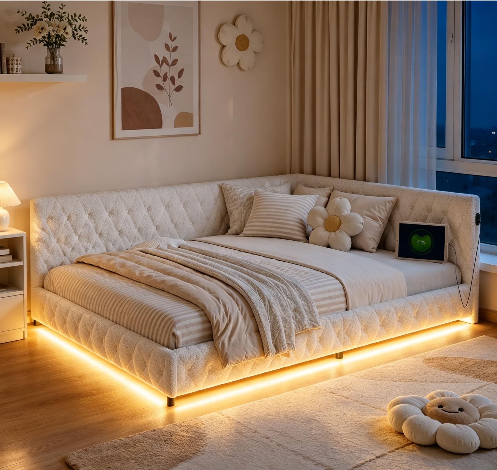 Kinderbett Polsterbett 140x200,Einzelbett Multifunktionsbett mit LED-Beleuchtung und USB-Aufladung,Jugendbett 140x200 mit Led,Bettgestell mit Lattenrost,Ohne Matratze,Teddy Velvet