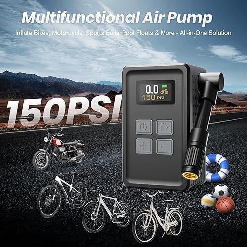 Miniatura 4 de Mini bomba de bicicleta con manómetro, bomba eléctrica de bicicleta máxima de 150 PSI con válvula Presta y Schrader, 4 veces más rápida, parada