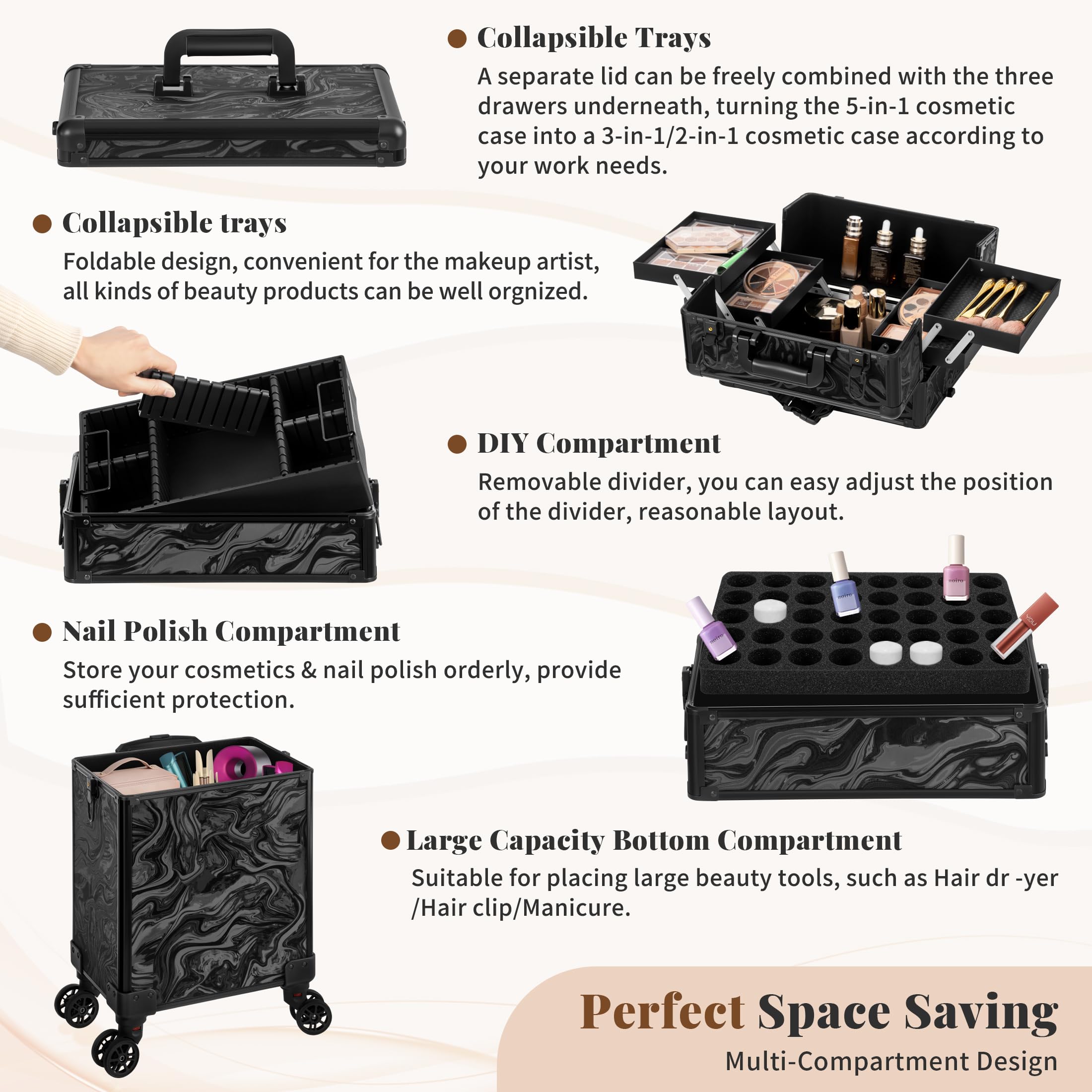 Arous Rolling Makeup Train Case 5 w 1 organizer na wózek kosmetyczny podróżny zamykany salon fryzjer wózek bagażnik z kółkami dla kobiet stylistki fryzur artysty Trave Nail, Czarny atrament, 5 w 1