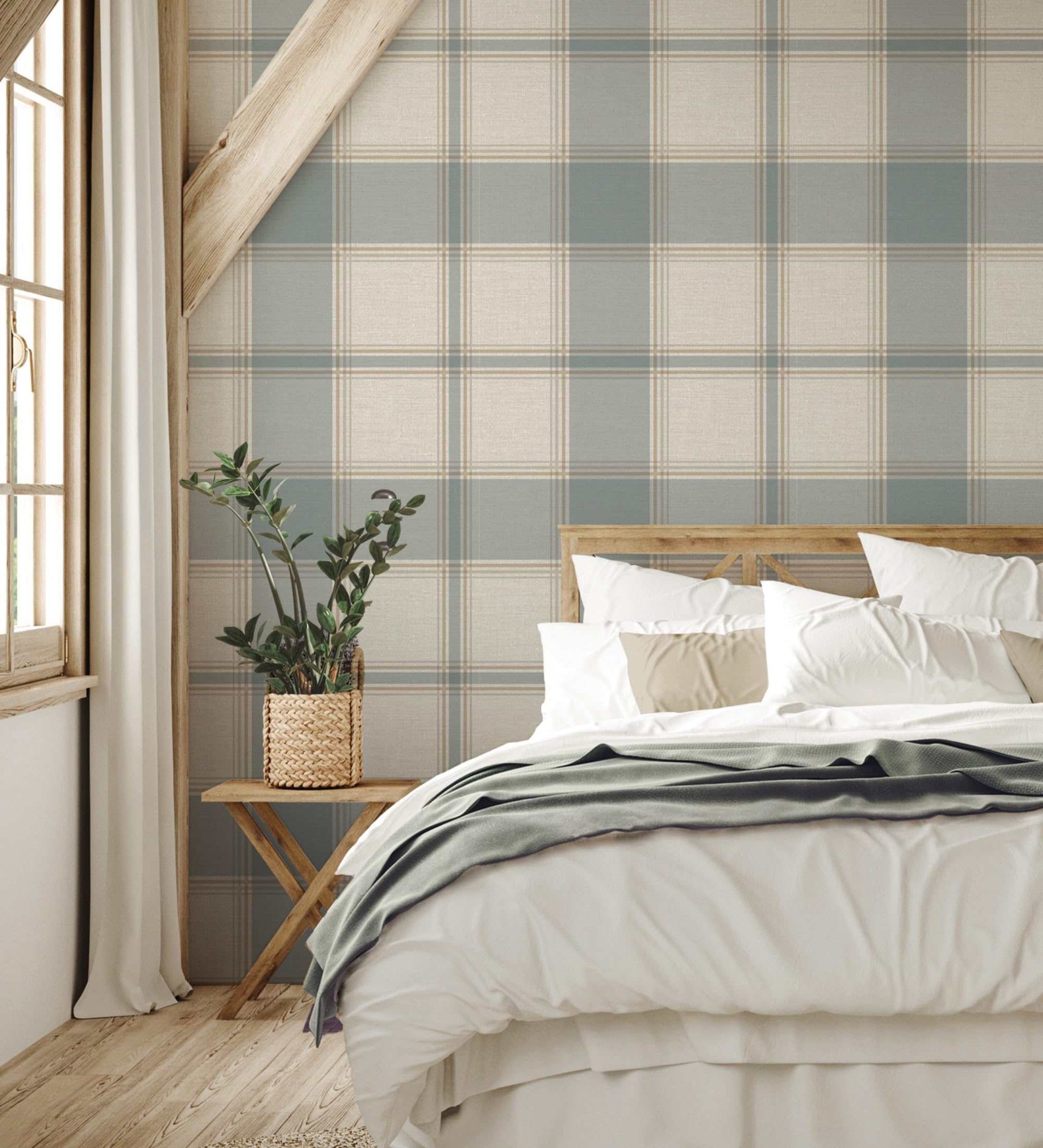 GAULAN 683397 Papier peint vinyle à carreaux écossais, effet lin en relief, coloris bleu ciel et bleu pour mur salon cuisine chambre couloir meuble - Rouleaux de 10 m x 0,53 m