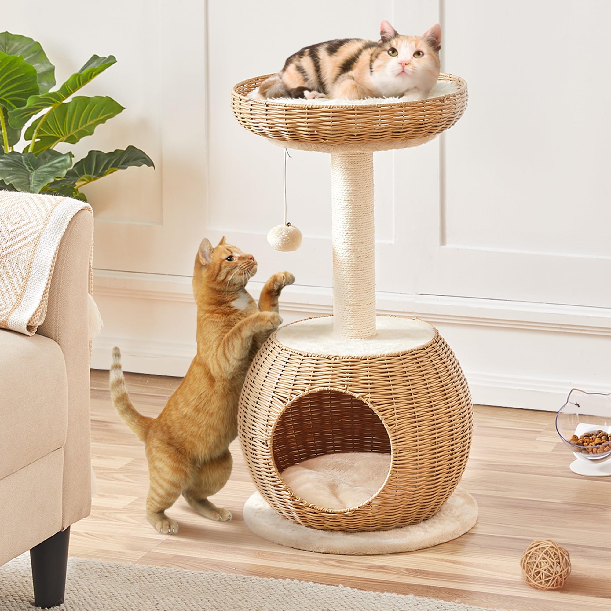 Yaheetech Tiragraffi per Gatti Albero per Gatti in Rattan Intrecciato Trespolo Cuccia per Gatti con Pallina Gioco Altezza 75cm Beige