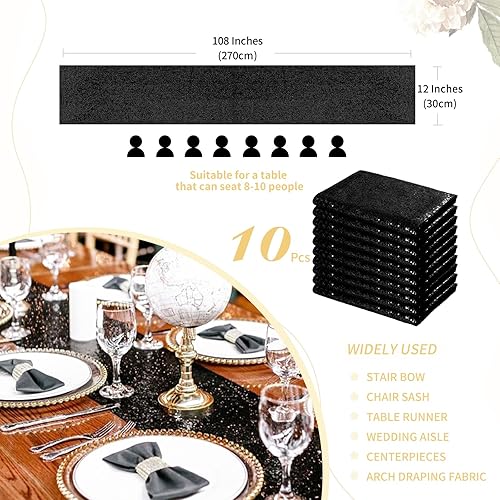 Miniatura 3 de Camino de mesa negro brillante de Halloween, 10 paquetes de 12 x 108 pulgadas, tela de lentejuelas con purpurina para fiestas de cumpleaños,