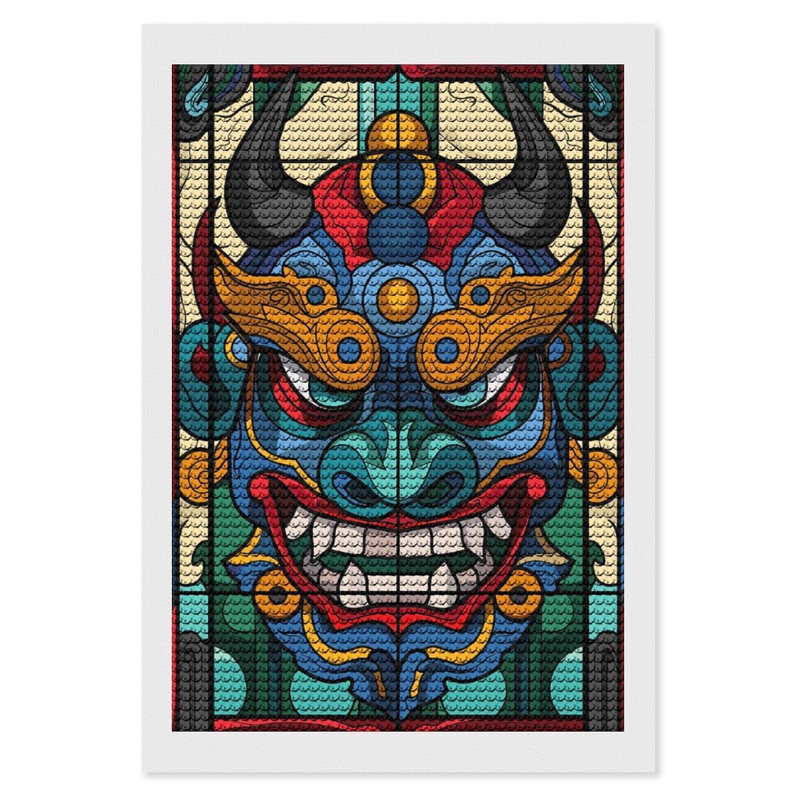 Junmoney Stained Glass Oni Mask Round Drill Diamond Painting 8"x12", for Adults, Creative Leisure Activity, Office Decor, Holiday Gift Idea