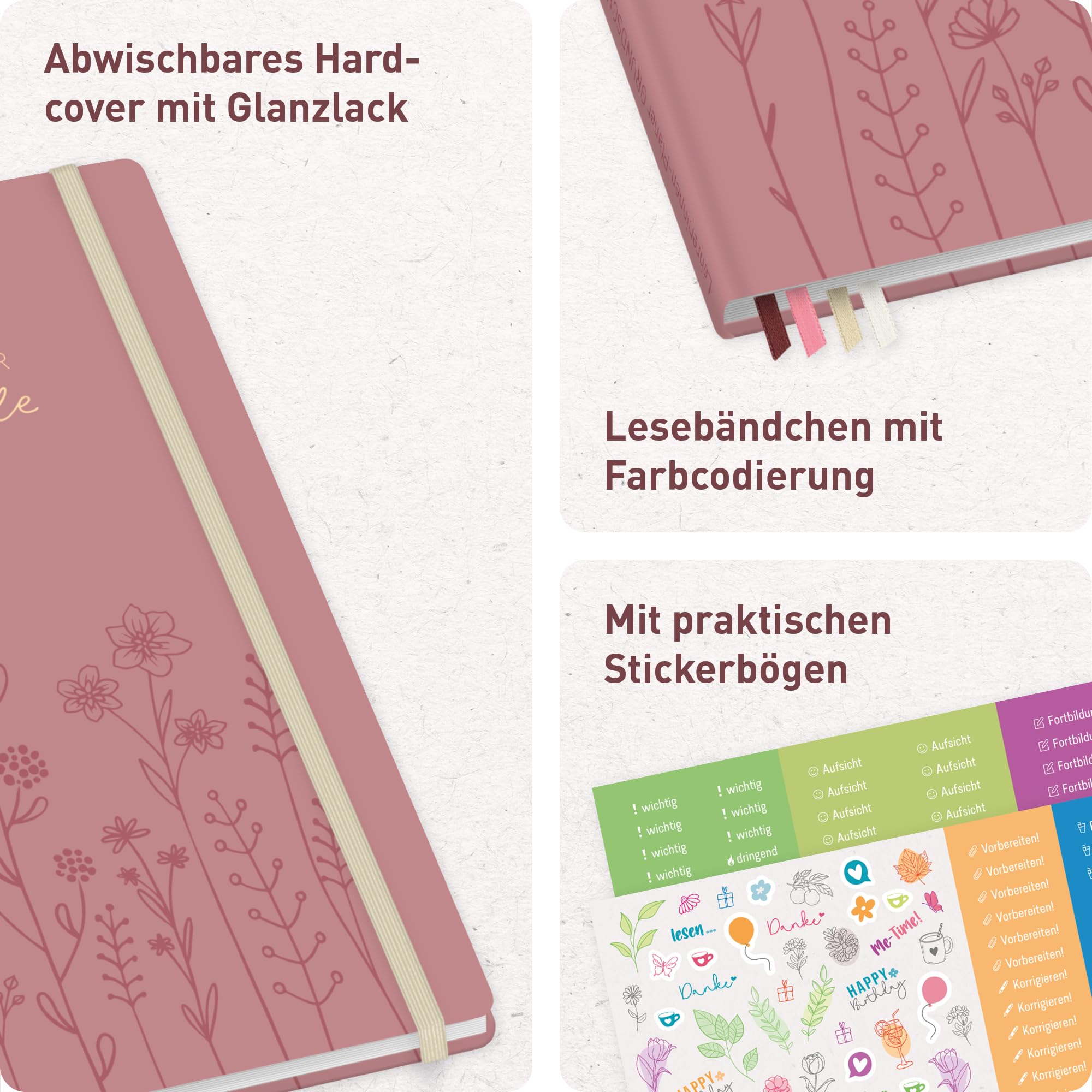 Häfft® Lehrerplaner Grundschule 2026/2027 im A4+ Format Hardcover - Schuljahr 12 Monate (Aug 26 - Jul 27) Lehrerkalender & Unterrichtsplaner für Klasse 1–4 "Fine Flowers rosé"