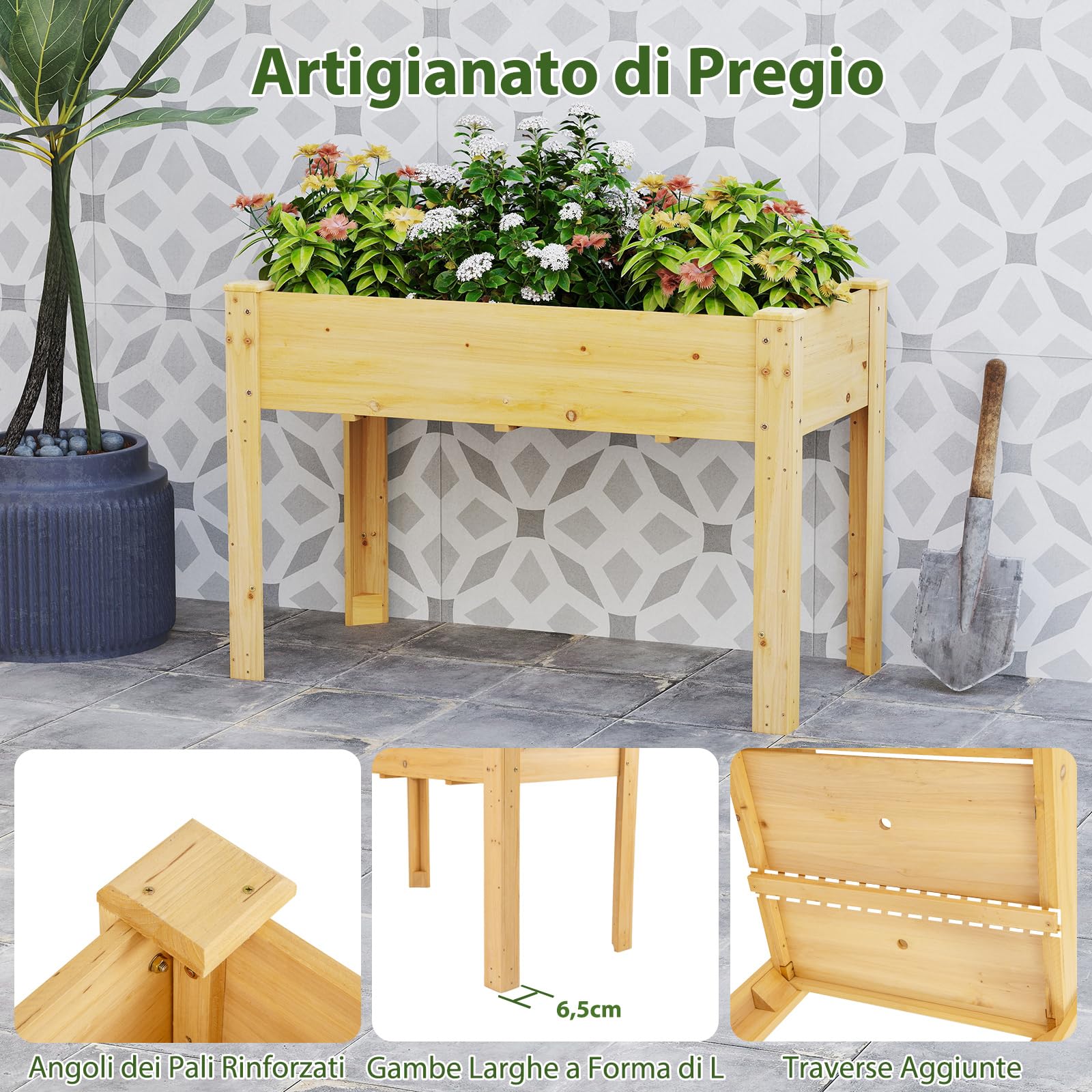 COSTWAY Letto per Orto Rialzato da Esterno in Legno di Abete, Fioriera Rialzata con Fori di Drenaggio, Letto per Piante Urbano da Giardino e Patio, 120 x 60 x 82 cm (Naturale)
