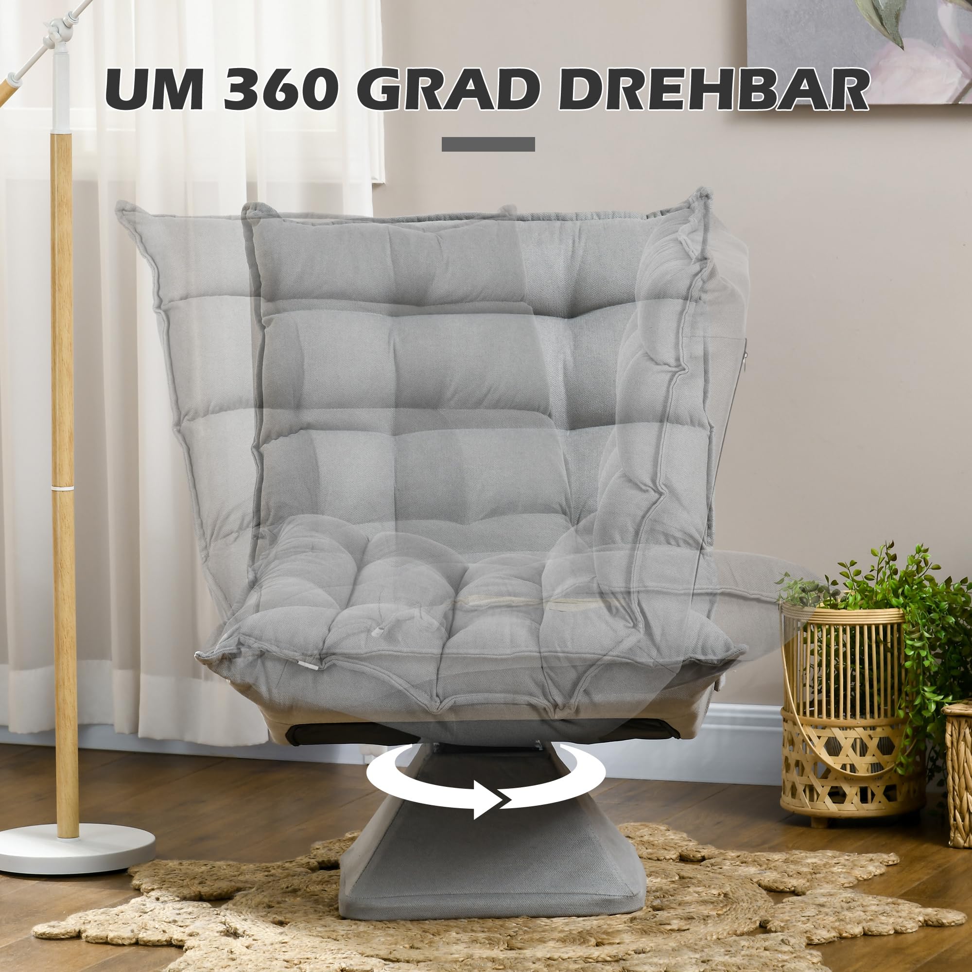 HOMCOM Bodenstuhl 360° Drehbar Bodensessel aus Mikrofasergewebe Hellgrau