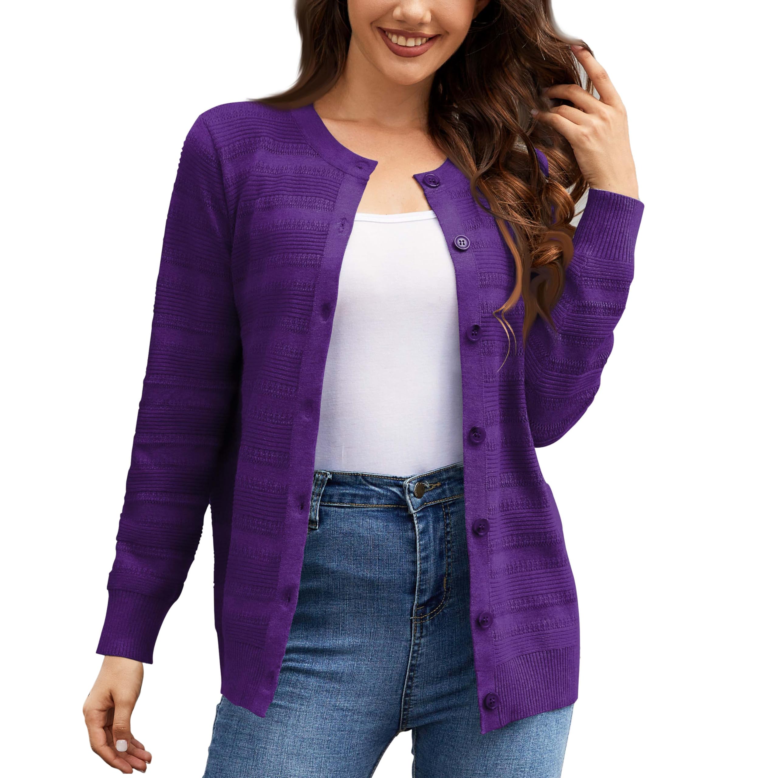 Womens Lightweight Crew Neck Button Down Long Sleeve Cardigan Knit Open Front Sweater