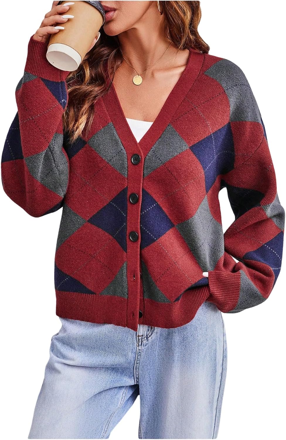 SOLY HUX Women's Argyle Cardigan Sweater Plaid V Neck Button Down Long Sleeve Casual Cardigans