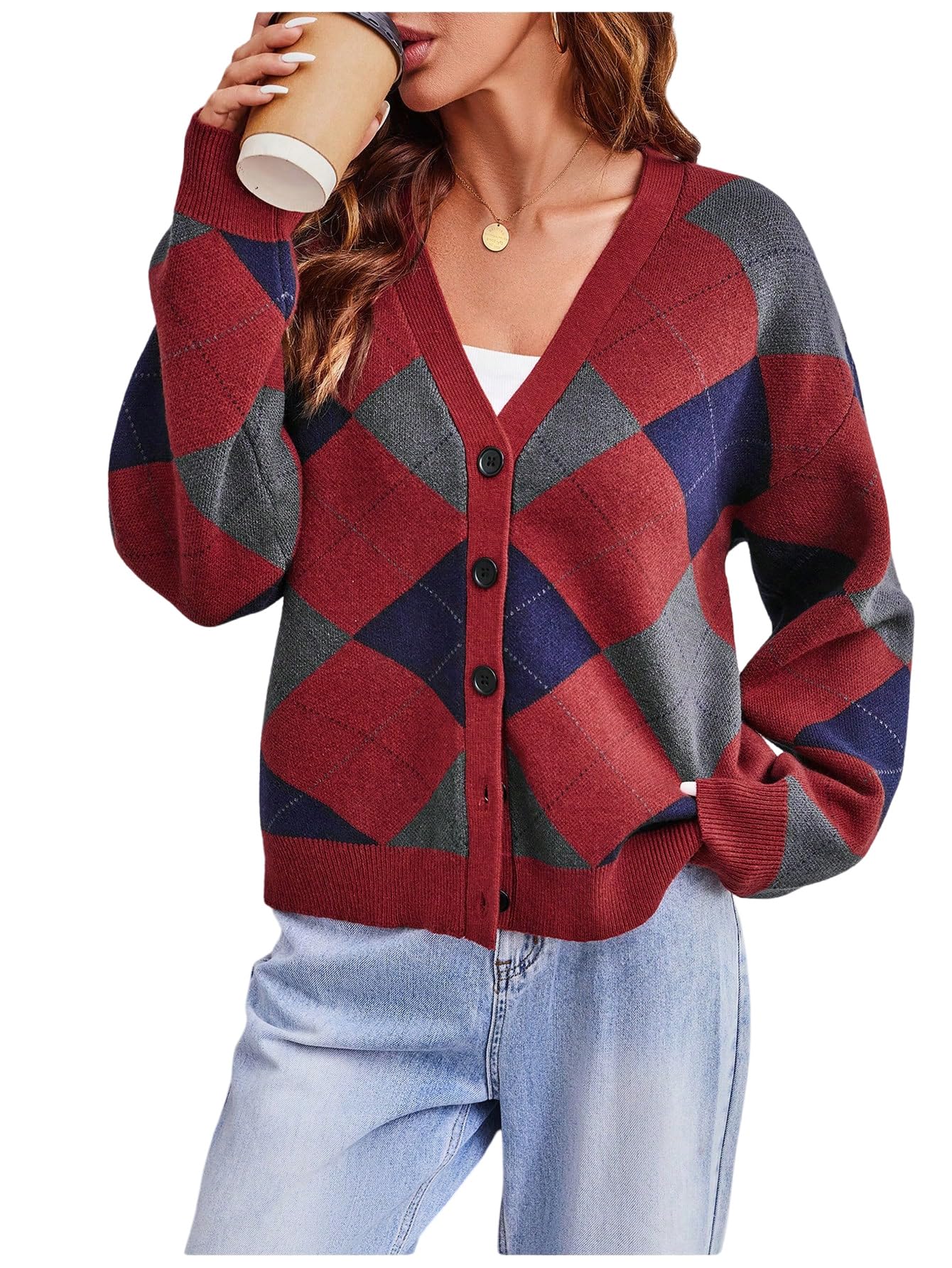 SOLY HUX Womens Argyle Cardigan Sweater Plaid V Neck Button Down Long Sleeve Casual Cardigans