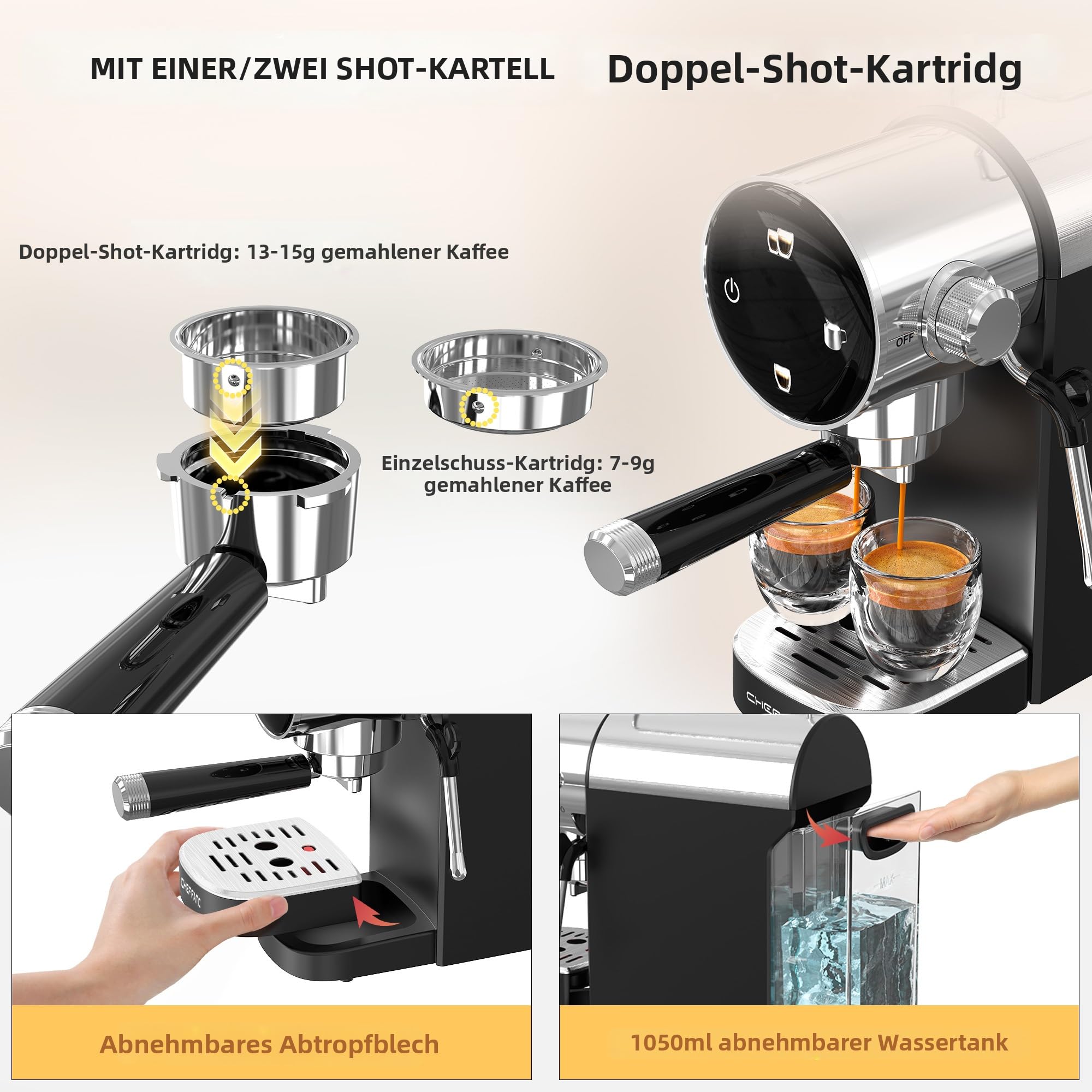CHEFFANO Espressomaschine, 1350W, 15-Bar-Pumpe, Touchscreen, Edelstahlgehäuse & Dampfstab für Cremespuma