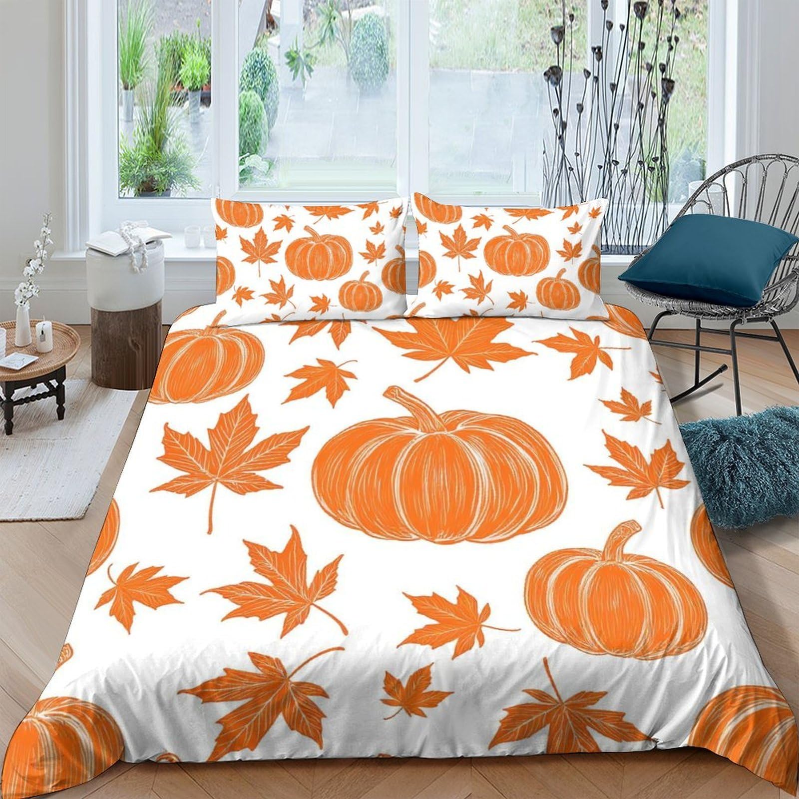 Ctjqhvkz Style-8 3D Printed Pumpkin Maple Leaf Fitted Sheet Microfiber Autumn Orange Bed Cover Anti-Slip Machine Washable For Bedroom Single（135X200cm）