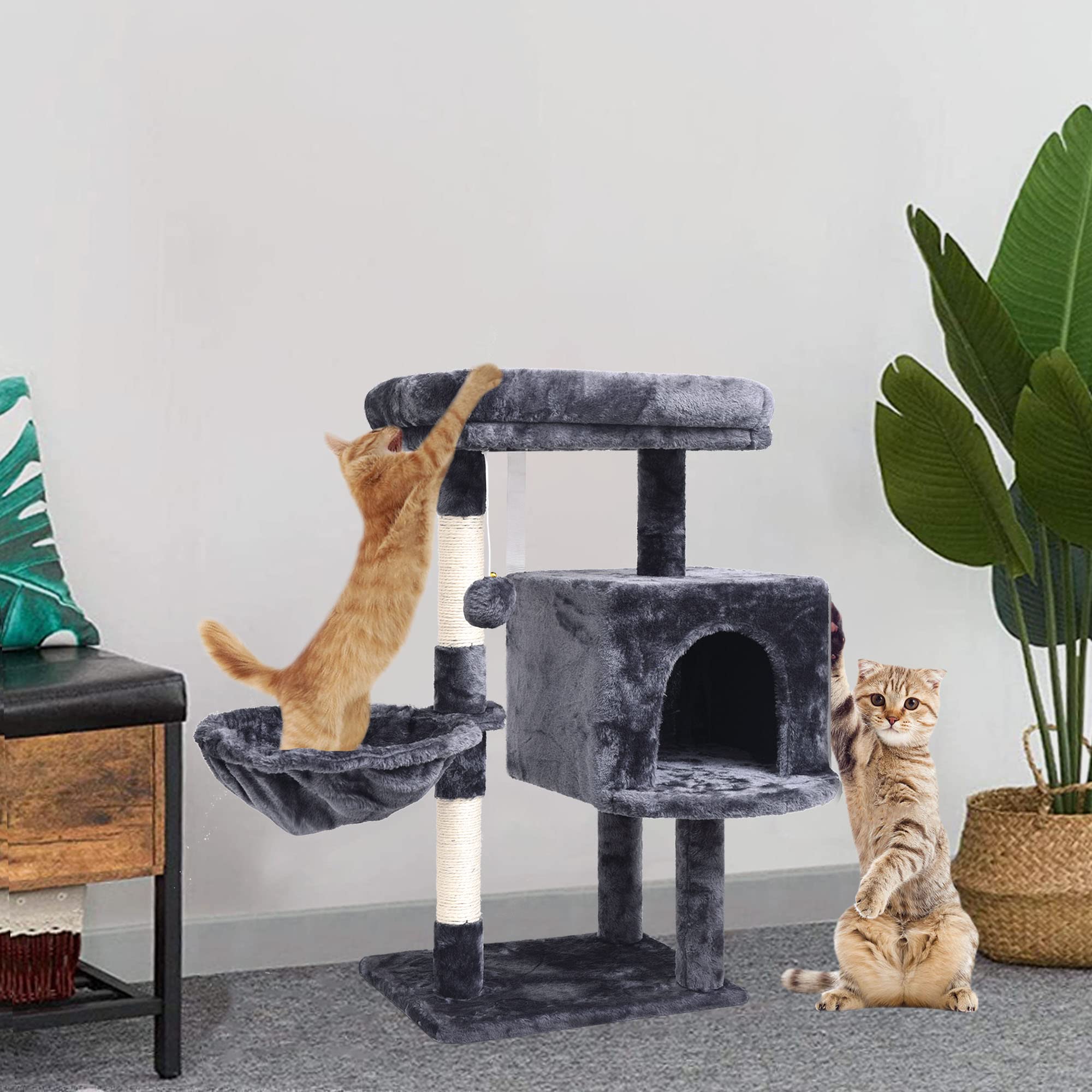 SYANDLVY Small Cat Tree for Indoor Cats, Activity Cat Tower, Condo with Scratching Post for Kittens, Climbing Stand with Basket & Hanging Ball for Play Rest (Smoky Grey)