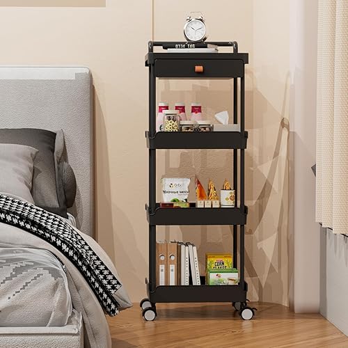 Miniatura 3 de Aratan Carrito utilitario rodante de 4 niveles con cajón, carrito rodante con ruedas y mesa, carrito de almacenamiento organizador de fácil montaje